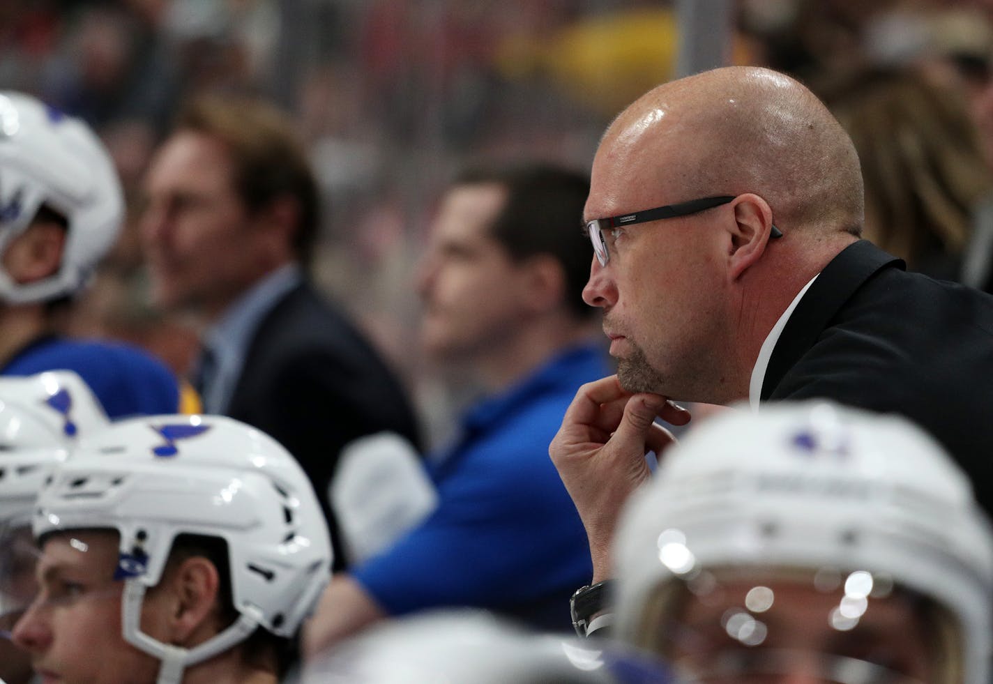 St. Louis Blues head coach Mike Yeo watched from the bench in the second period. ] ANTHONY SOUFFLE &#xef; anthony.souffle@startribune.com Game action from a National Hockey League (NHL) playoff game 5 between the Minnesota Wild and the St. Louis Blues Saturday, April 22, 2017 at the Xcel Energy Center in St. Paul, Minn.