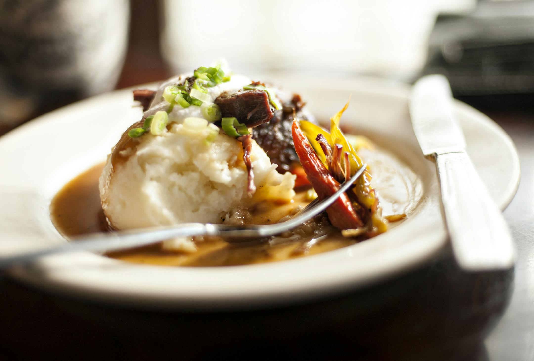 Photo by Leslie Plesser, special to the Star Tribune How to photograph food correctly, not like Martha Stewart. Pot Roast with mashed potatoes.