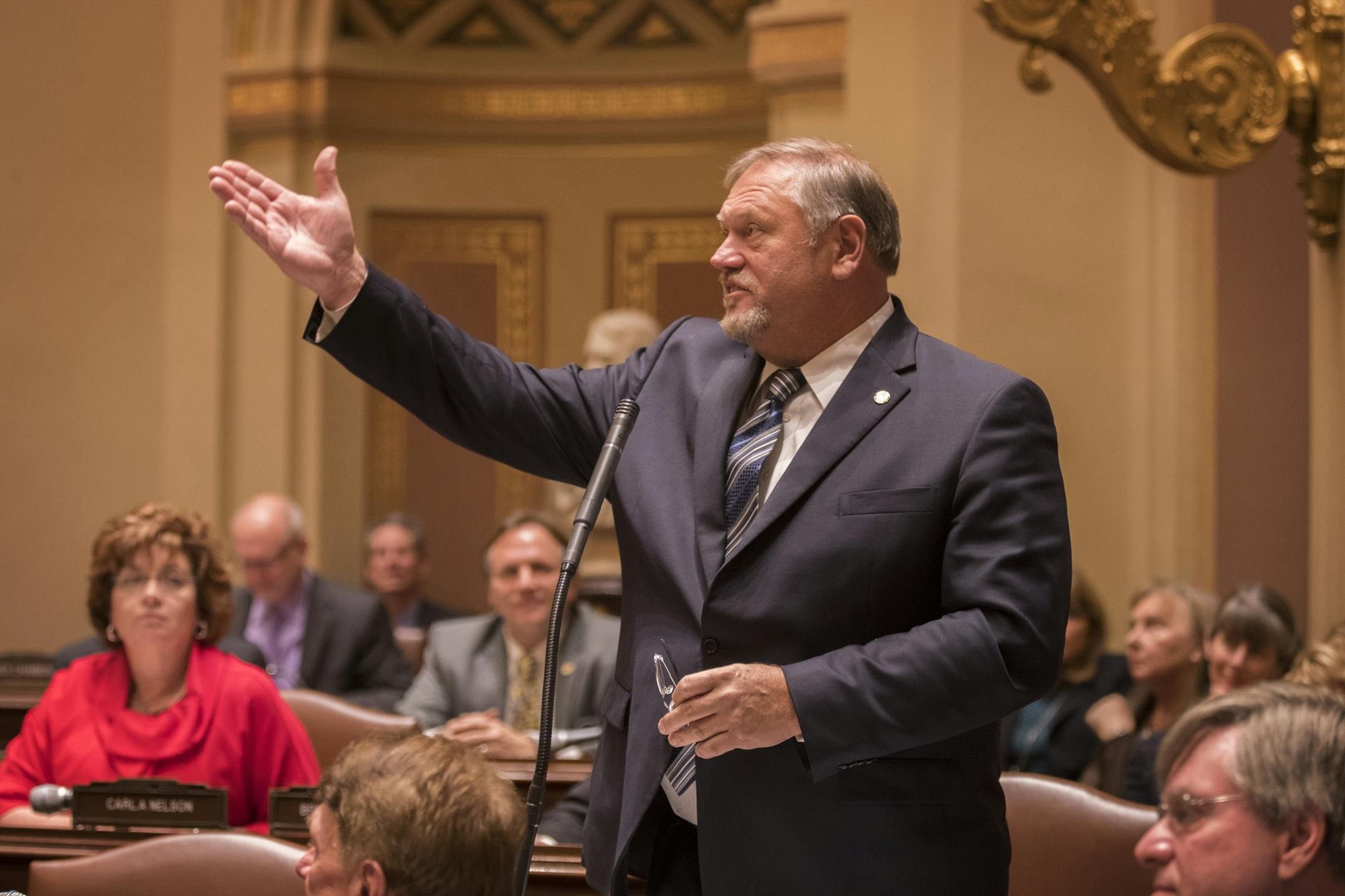 Senate Minority Leader Tom Bakk speaks in the Minnesota Senate chambers.