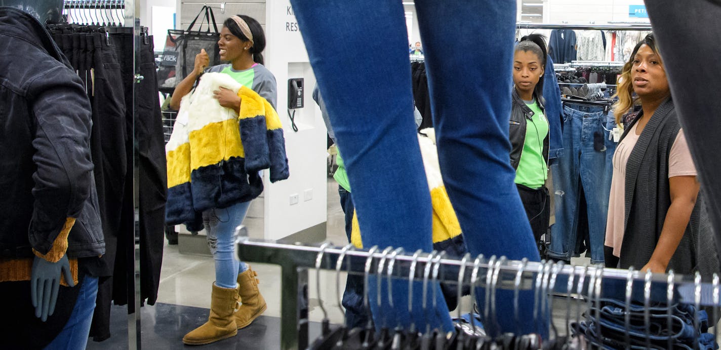 Workers did final stocking in the women's clothing section of the new Nordstrom Rack opening Thursday in the IDS Center. ] GLEN STUBBE &#x2022; glen.stubbe@startribune.com Wednesday September 6, 2017 Nordstrom Rack opens in the IDS Center on Thursday, the 5th Rack outlet in the Twin Cities. What's Happening at this time: Ewoldt will get a tour on Wed., but the store does not open until Thursday. The store is mostly ready. There may be people just straightening aisles. One interesting note is the