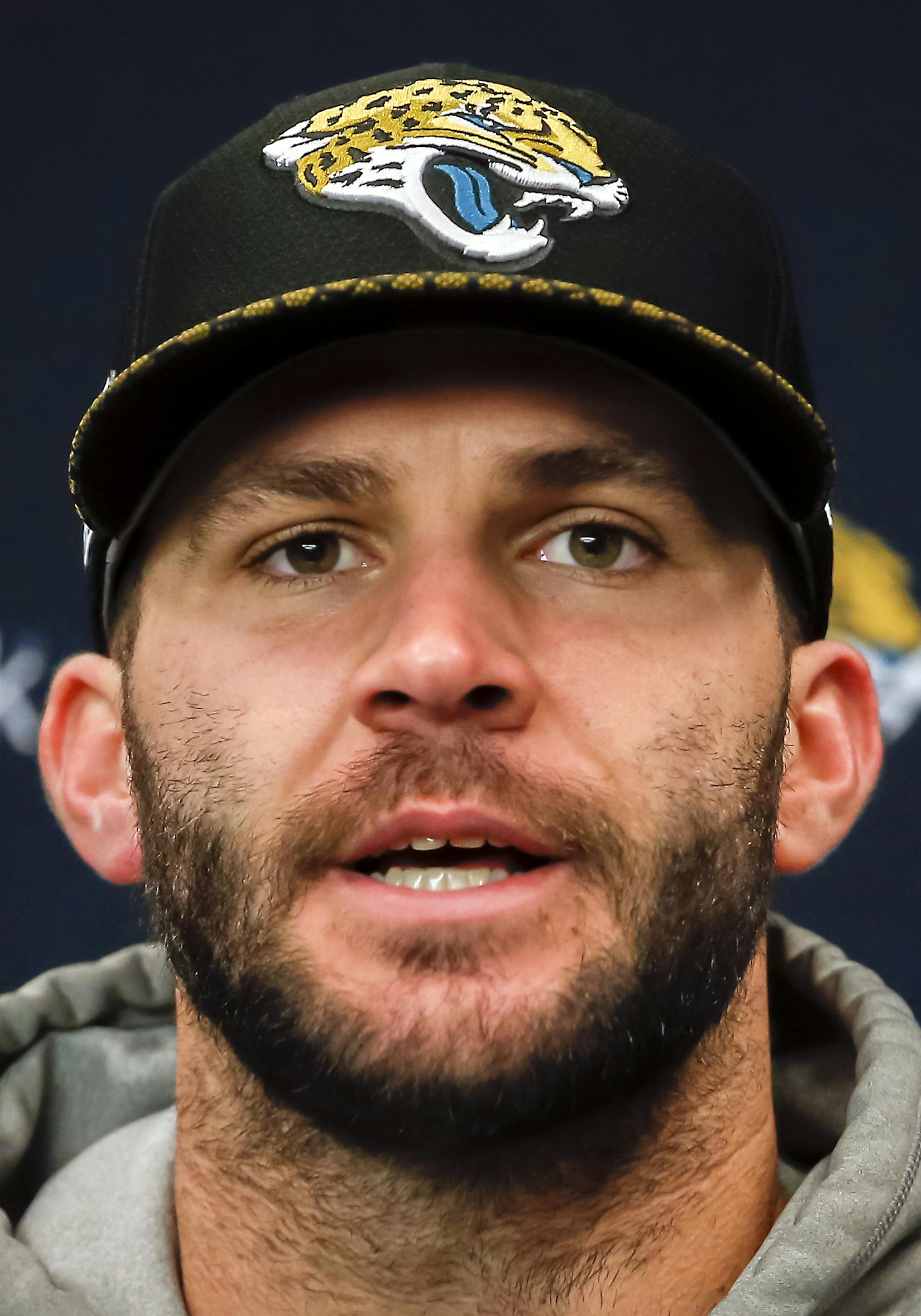 Jacksonville Jaguars quarterback Blake Bortles speaks with reporters during a post-game press conference after an NFL wild-card playoff football game against the Buffalo Bills, Sunday, Jan. 7, 2018, in Jacksonville, Fla. Jaguars beat the Bills 10-3. (AP Photo/Stephen B. Morton)
