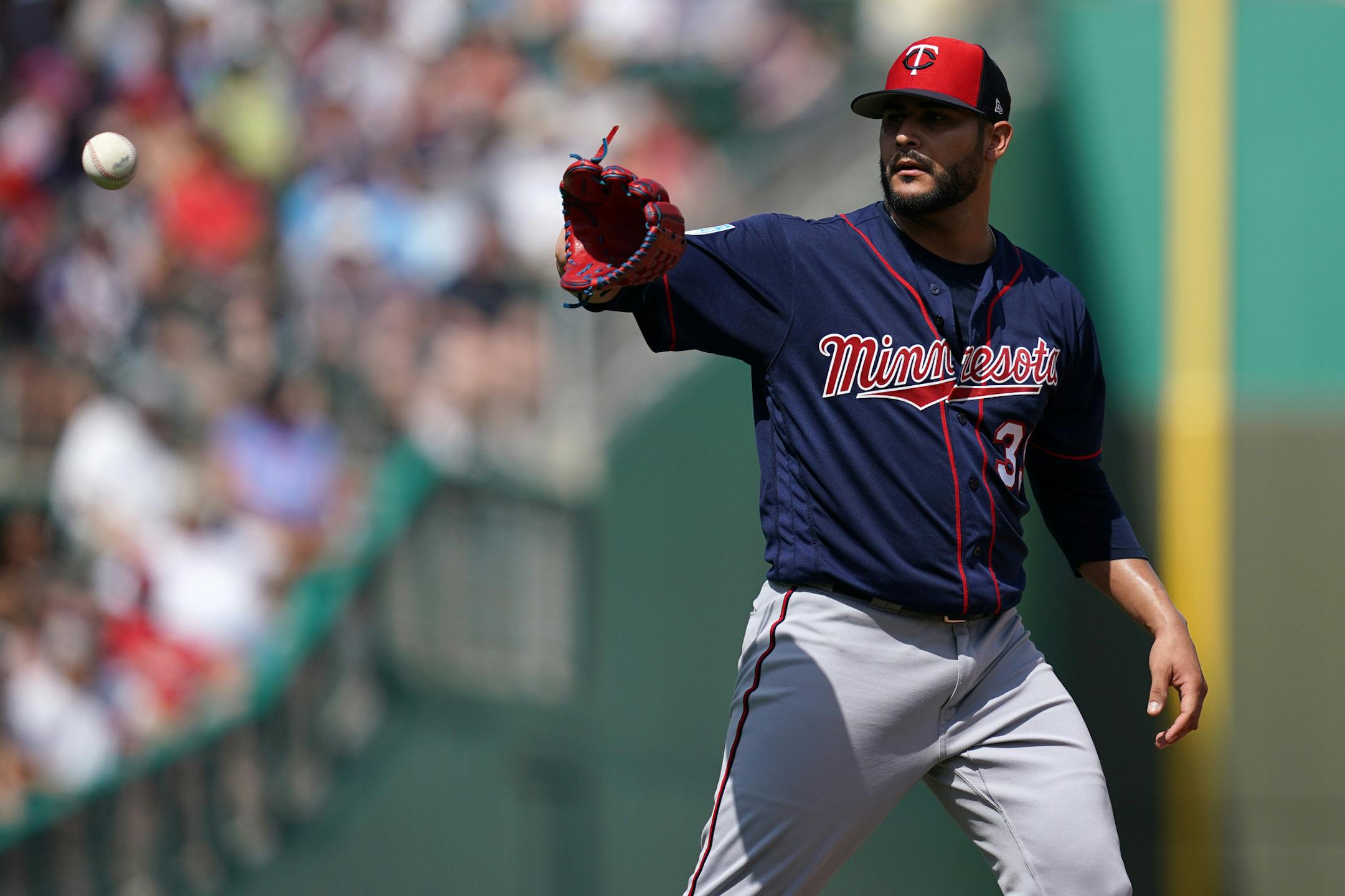 Minnesota Twins pitcher Martin Perez (33) got the ball back after he delivered a pitch during Sunday's game. ] ANTHONY SOUFFLE &#x2022; anthony.souffle@startribune.com The Minnesota Twins played the Boston Red Sox for a Spring Training game Saturday, Feb. 23, 2019 at JetBlue Park at Fenway South in Fort Myers, Fla.