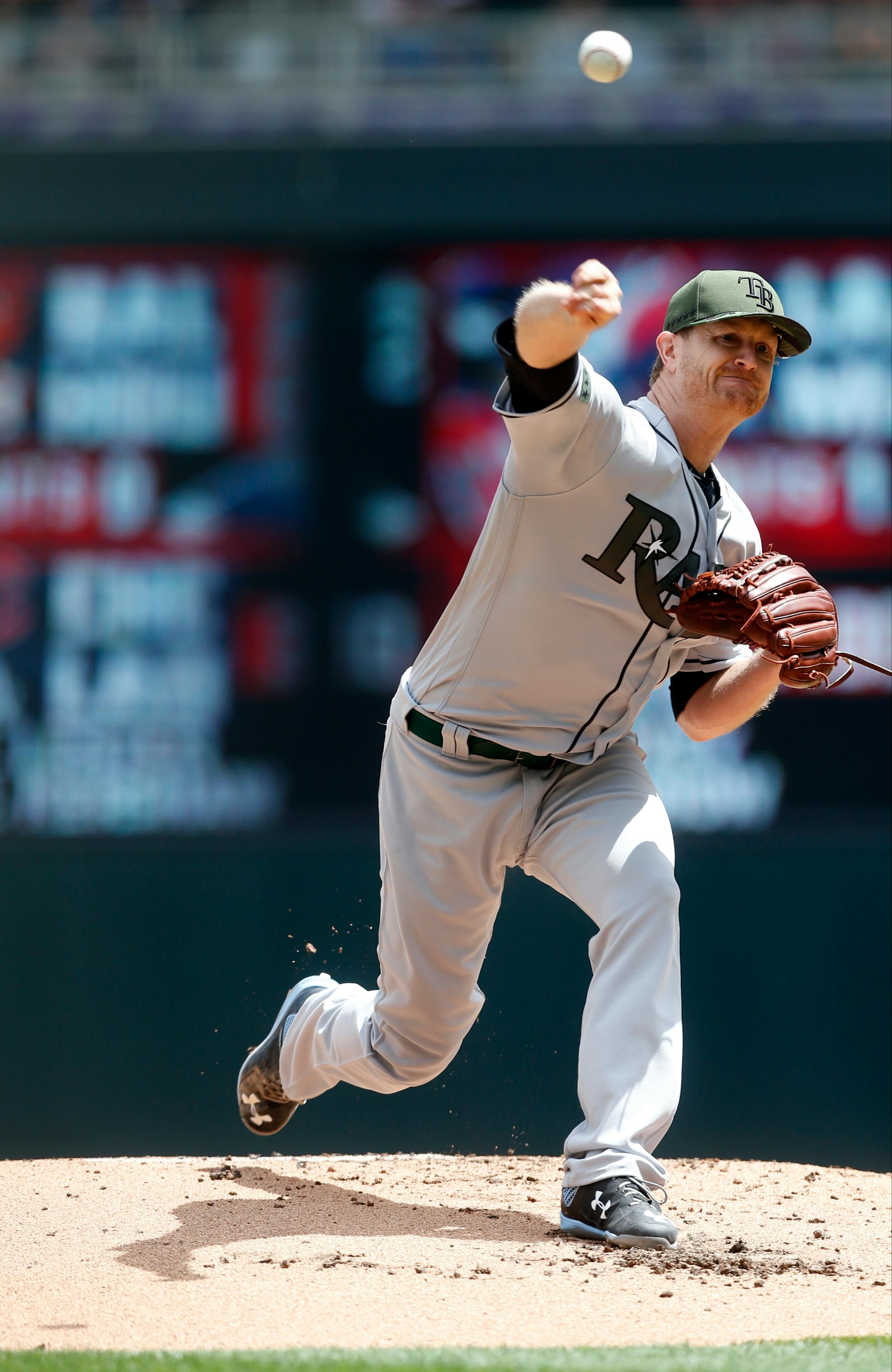 Tampa Bay Rays pitcher Alex Cobb throws against the Minnesota Twins in the first inning of a baseball game Sunday, May 28, 2017 in Minneapolis. (AP Photo/Jim Mone)