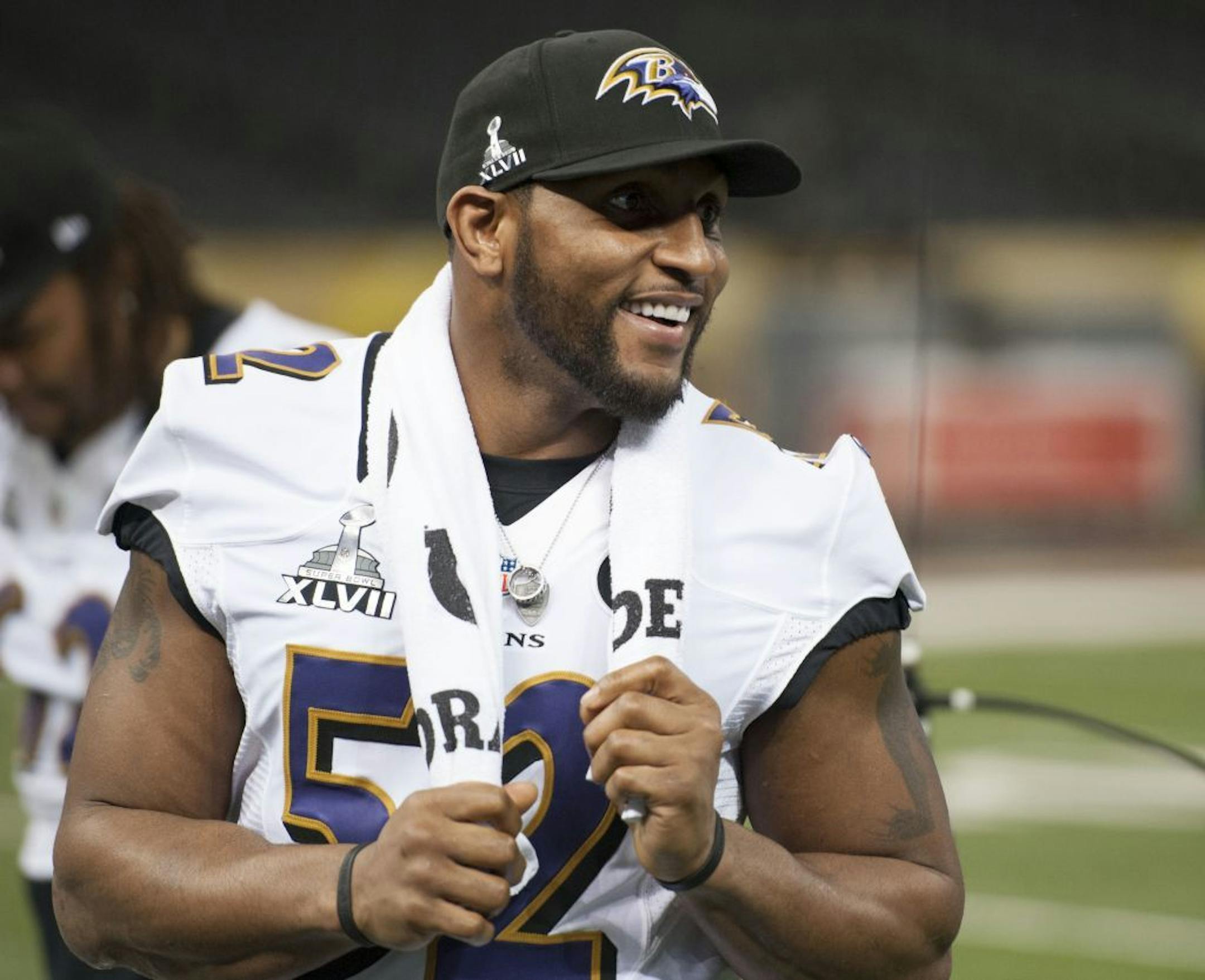 Ray Lewis of the Baltimore Ravens smiles as he walks to his interview area during Super Bowl Media Day on Tuesday, January 29, 2013, in New Orleans, Louisiana.