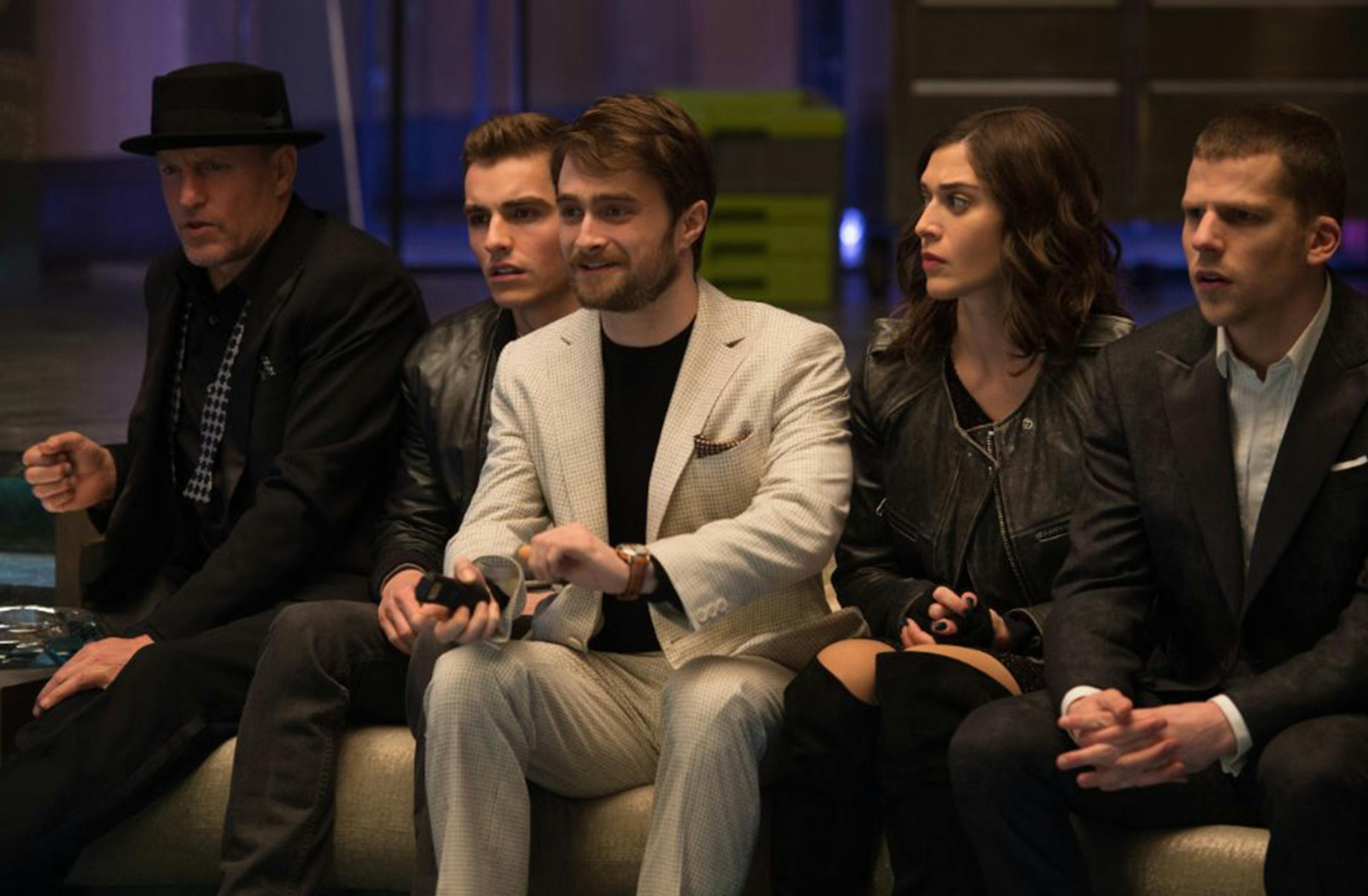 Woody Harrelson, Dave Franco, Daniel Radcliffe, Lizzy Caplan and Jesse Eisenberg in "Now You See Me 2." (Jay Maidment) ORG XMIT: 1185593