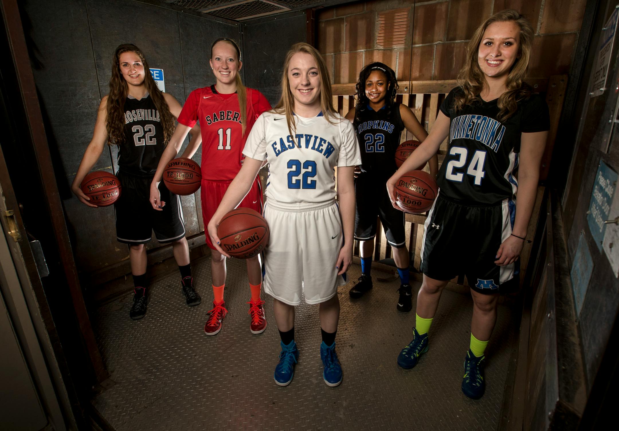 The Star Tribune girls' basketball All-Metro Team, from left, Monica Burich, Roseville; Taylor Koenen, Shakopee; Player of the Year Madison Guebert, Eastview; T'Aire Starks, Hopkins; and Courtney Fredrickson, Minnetonka.