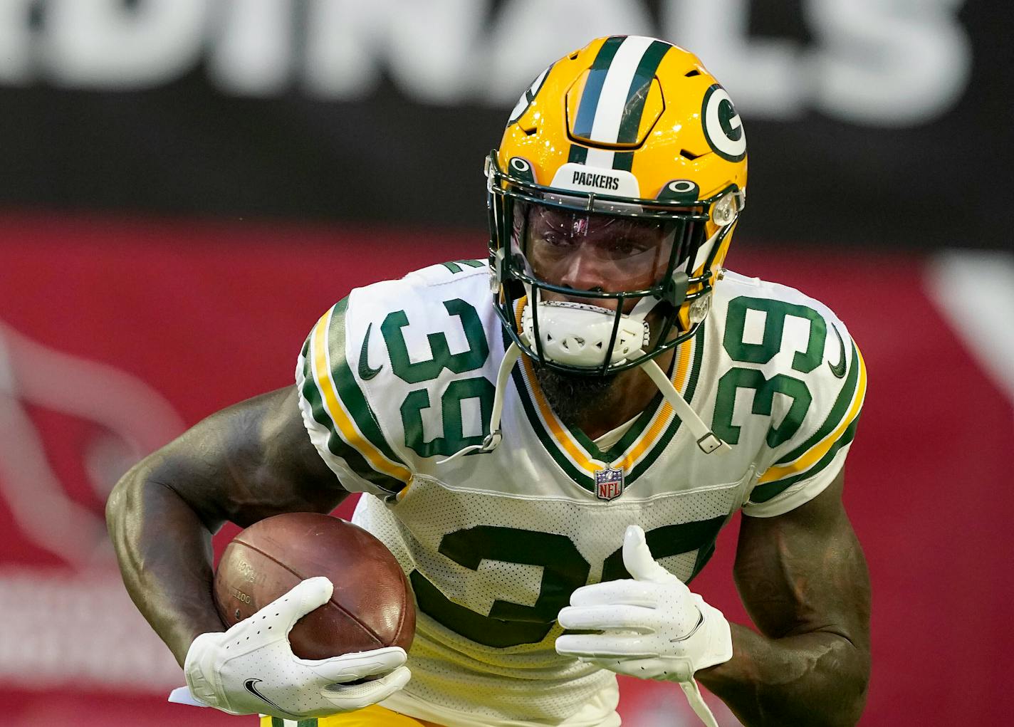 FILE - Green Bay Packers cornerback Chandon Sullivan warms up prior to an NFL football game against the Arizona Cardinals, Thursday, Oct. 28, 2021, in Glendale, Ariz. Former Green Bay Packers cornerback Chandon Sullivan will join the Minnesota Vikings, his agent announced on Friday, March 25, 2022. (AP Photo/Darryl Webb, File)