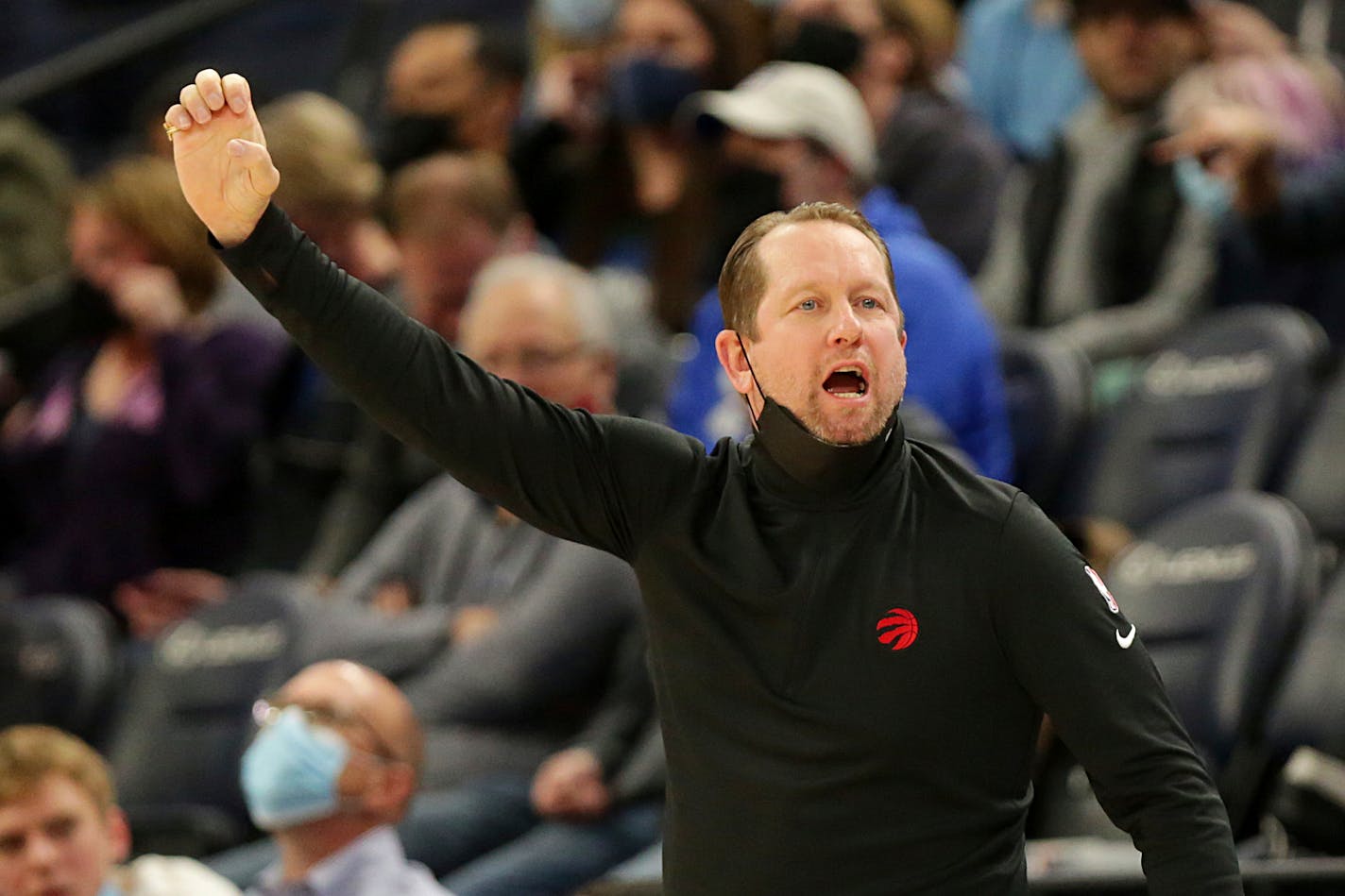 Toronto Raptors head coach Nick Nurse yells during the second half of an NBA basketball game against the Minnesota Timberwolves Wednesday, Feb. 16, 2022, in Minneapolis. (AP Photo/Andy Clayton-King)