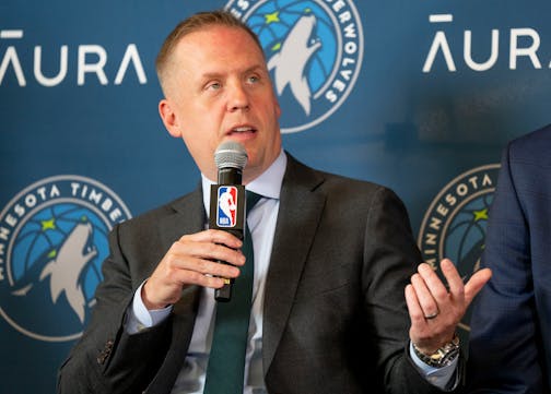 Minnesota Timberwolves President of Basketball Operations Tim Connelly speaks during a press conference to introduce the team's 2022 NBA draft selections Tuesday, June 28, 2022 at Target Center in Minneapolis. ]