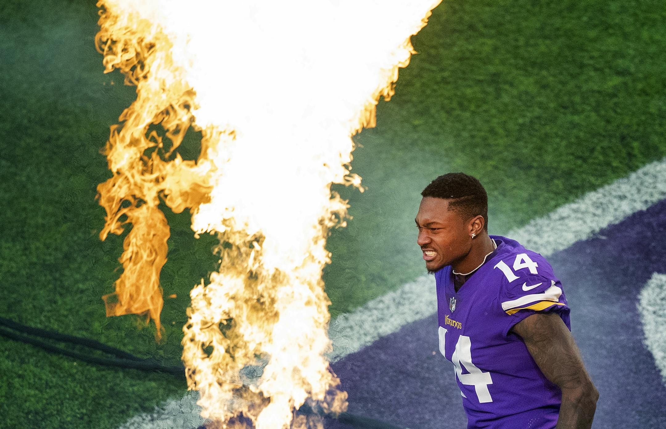 Minnesota Vikings receiver Stefon Diggs ran on the field during team introductions.