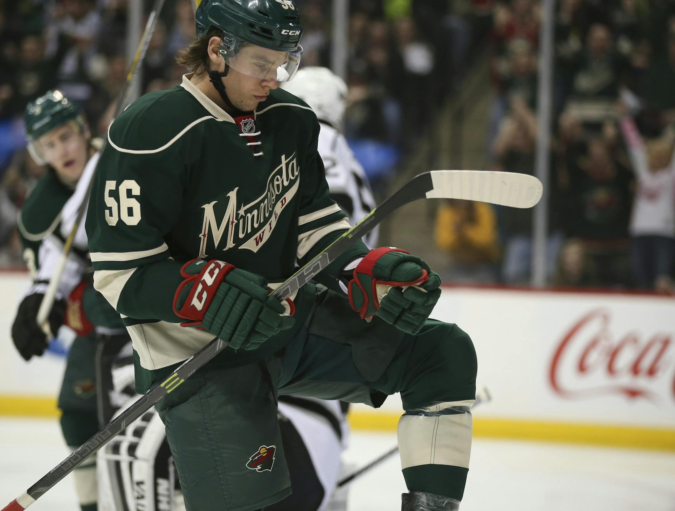 Wild left wing Erik Haula (56) celebrated his goal in the first period Tuesday night. ] JEFF WHEELER ï jeff.wheeler@startribune.com The Minnesota Wild faced the Los Angeles Kings in an NHL hockey game Tuesday night, March 22, 2016 at Xcel Energy Center in St. Paul.