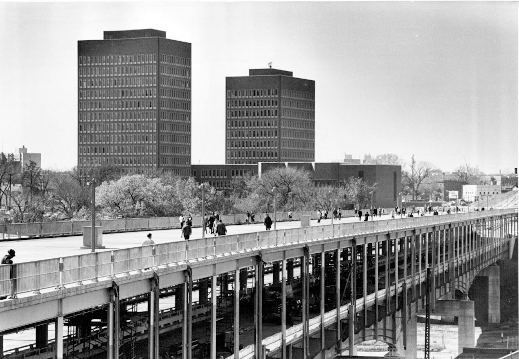 The Social Sciences Building at the University of Minnesota, foreground, November 1965. Architects in the late 1960s came up with an idea to restore the individuality implied by a window: the ridiculously thin slits.