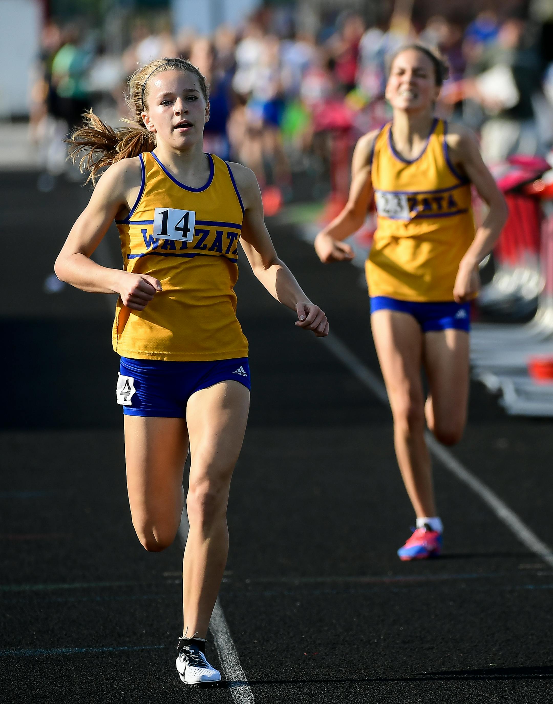 Wayzata's Emma Atkinson, left, and Caroline Sassan placed first and second respectively with times of 5:01.26 and 5:02.35 in the 1600 meter run Friday. ] AARON LAVINSKY ï aaron.lavinsky@startribune.com The Minnesota Class 3A true team track state meet was held Friday, May 18, 2018 at Stillwater High School in Stillwater, Minnesota.