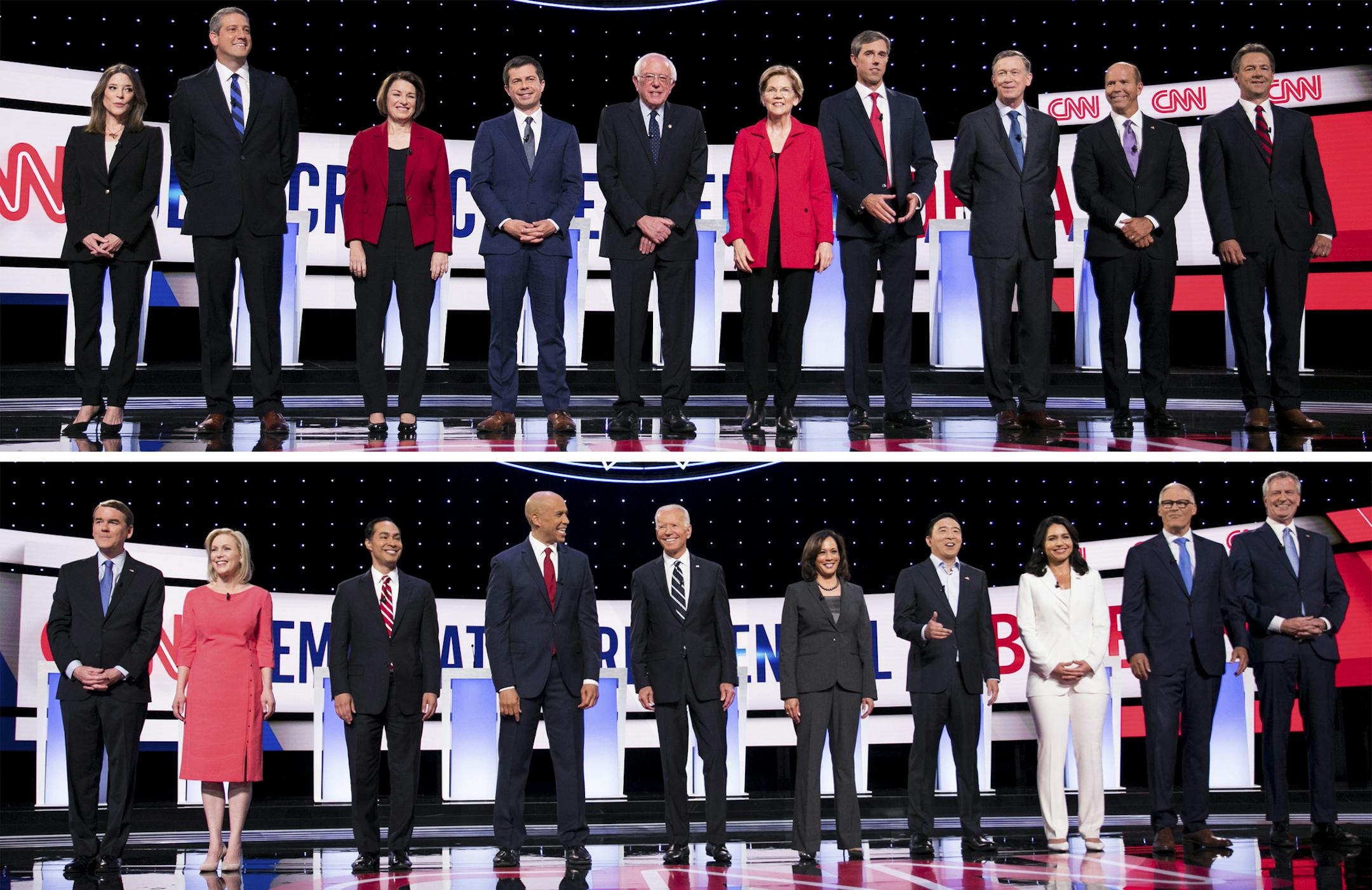 In a two-photo combination, candidates take the stage before the start of the Democratic presidential debates hosted by CNN at the Fox Theatre in Detroit, in July of 2019. Top, from left: Marianne Williamson; Rep. Tim Ryan (D-Ohio); Sen. Amy Klobuchar (D-Minn.); Mayor Pete Buttigieg of South Bend, Ind.; Sen. Bernie Sanders (I-Vt.); Sen. Elizabeth Warren (D-Mass.); former Rep. Beto O'Rourke of Texas; former Gov. John Hickenlooper of Colorado; former Rep. John Delaney of Maryland; and Gov. Steve B