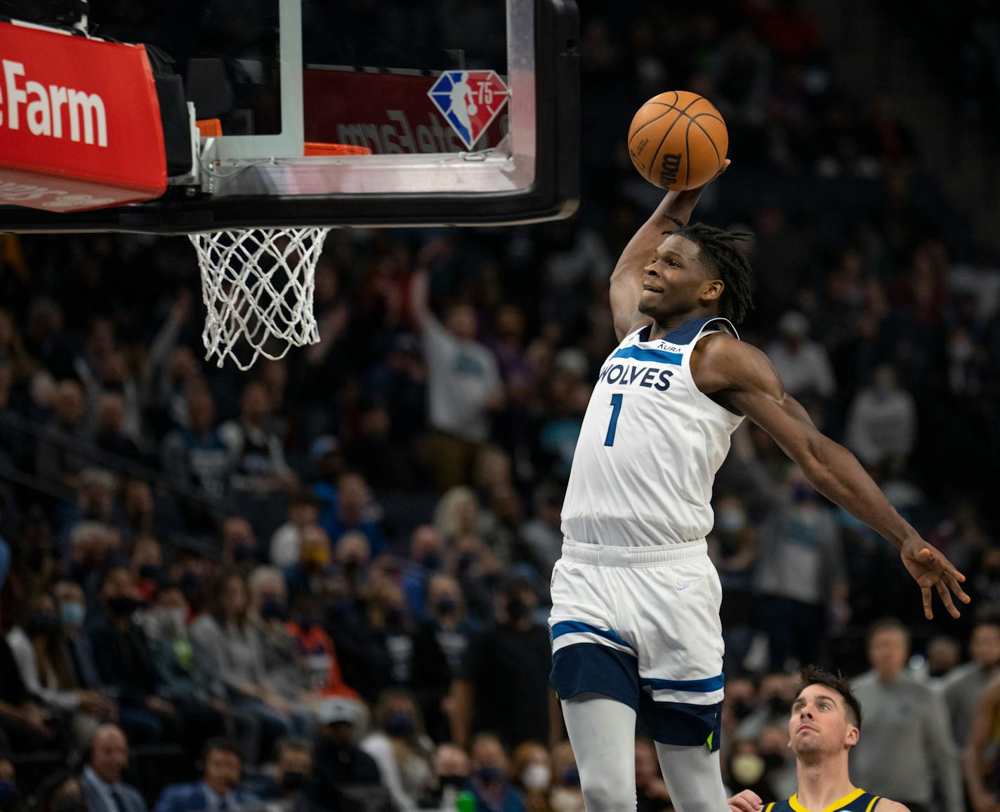 Minnesota Timberwolves forward Anthony Edwards (1) with a third quarter dunk. He scored 21 points Monday, Nov. 29, 2021 in Minneapolis. The Minnesota Timberwolves came from berhind to defeat the Indiana Pacers 100-98 in an NBA basketball game Monday, Nov. 29, 2021 night at Target Center in Minneapolis. ] JEFF WHEELER • Jeff.Wheeler@startribune.com