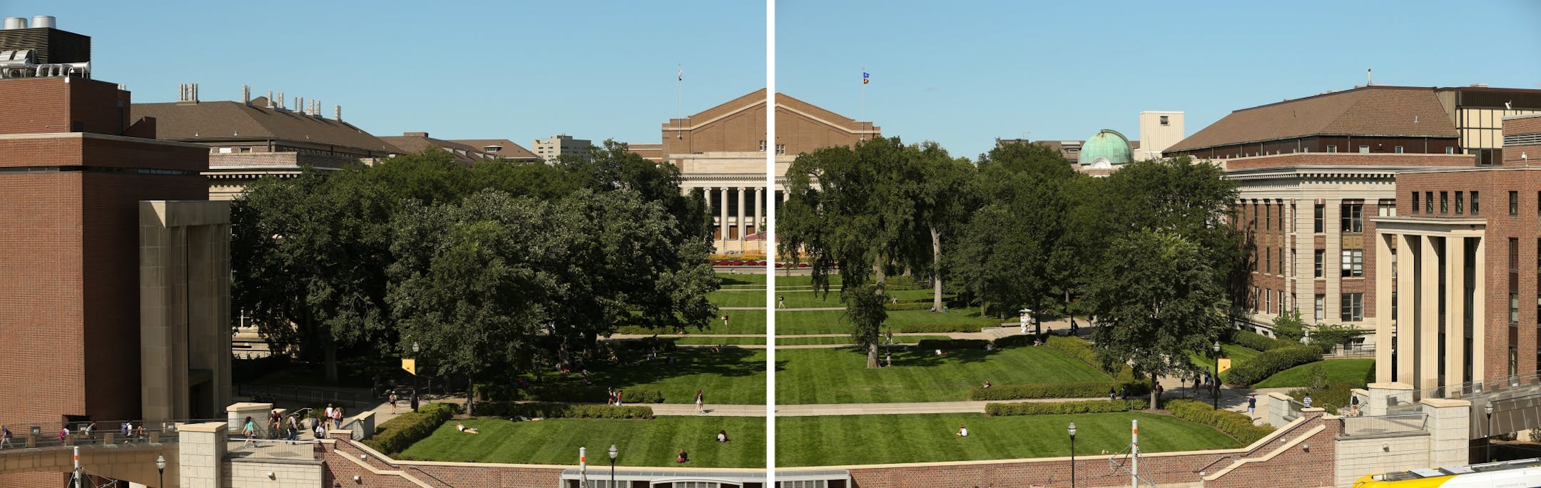 The Mall, in a pair of photographs looking towards Northrop Auditorium from Coffman Memorial Union Tuesday afternoon.