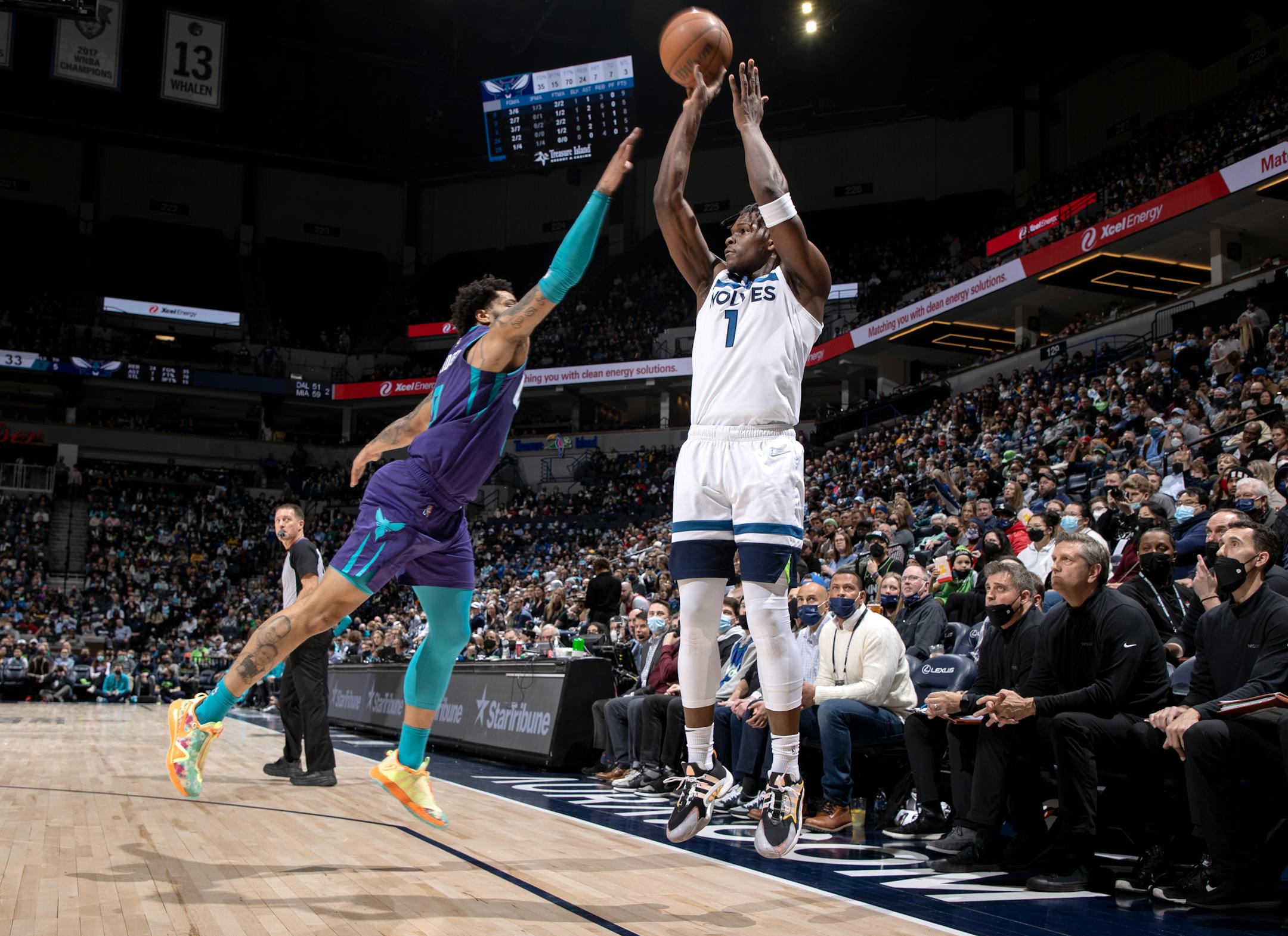 Anthony Edwards (1) of the Minnesota Timberwolves attempts a three point shot in the second quarter.