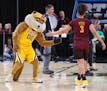 The Minnesota mascot slaps hands with Minnesota Golden Gophers guard/forward Destiny Pitts (3) during player introductions in the 2018 Big Ten Women's