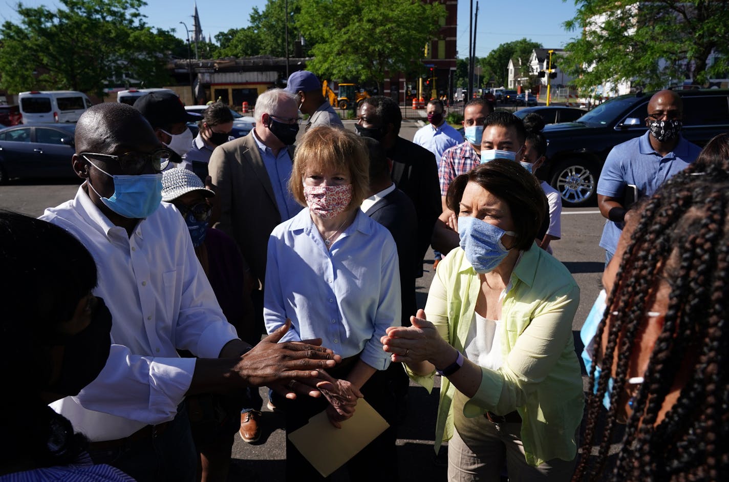 Gov. Tim Walz, Sen. Amy Klobuchar, and Sen. Tina Smith met with business owners that were affected by the looting and riots following the George Floyd protests Friday morning at Hawthorne Crossings on West Broadway Avenue in north Minneapolis. ] ANTHONY SOUFFLE • anthony.souffle@startribune.com Gov. Tim Walz went for a haircut at Capitol Barbers then toured some of the sites where looting and vandalism occurred during the George Floyd protests and riots Friday, June 5, 2020 in Minneapolis.