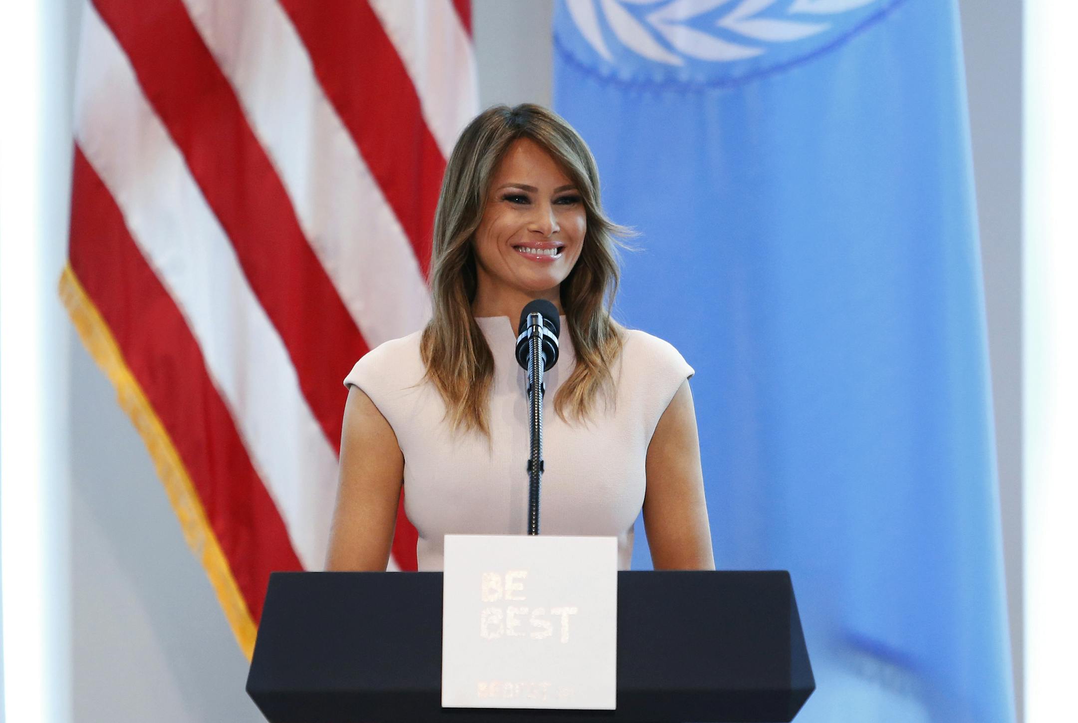First lady Melania Trump speaks during a reception at the United States mission to the United Nations, Wednesday, Sept. 26, 2018, in New York. (AP Photo/Jason DeCrow)