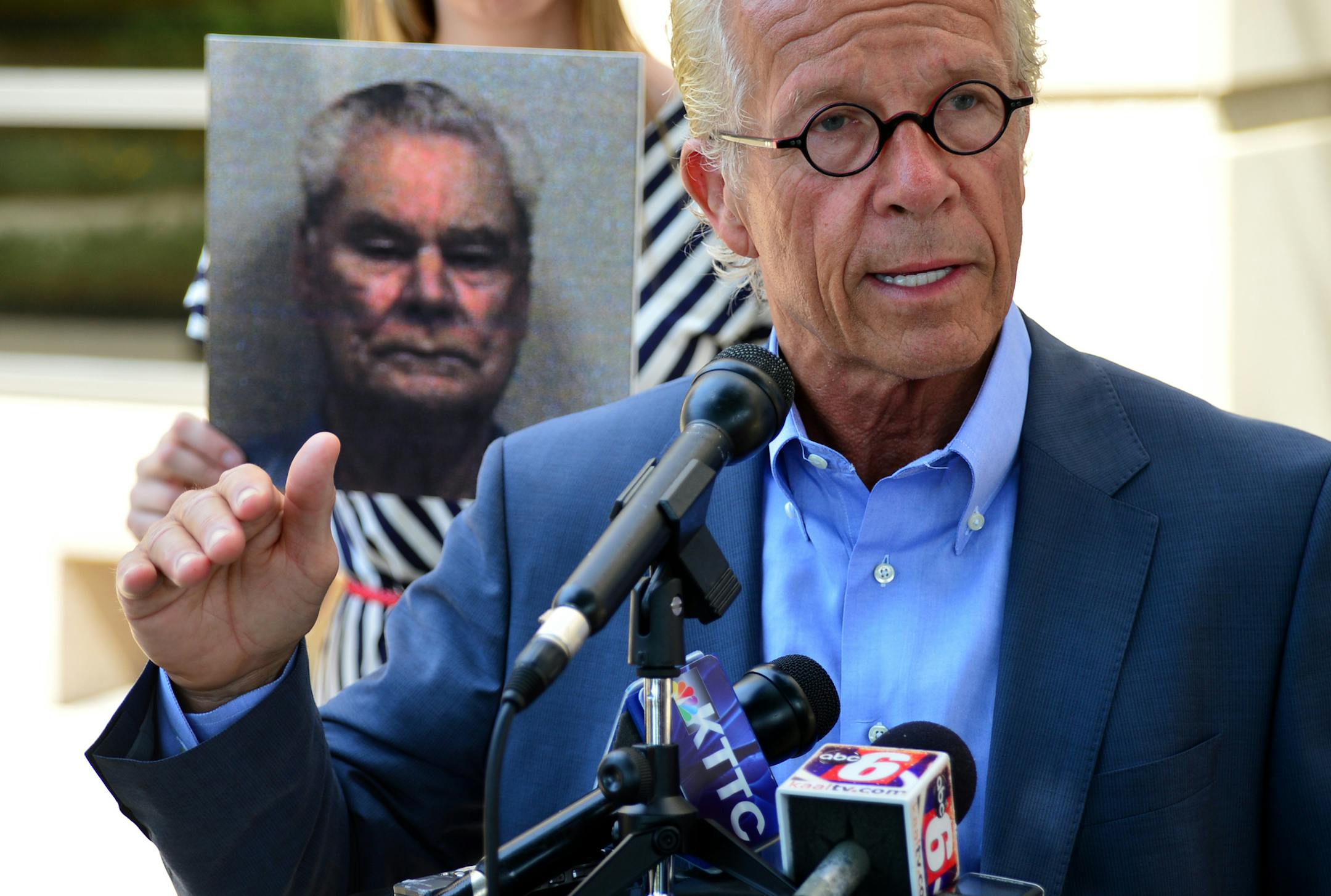 Prominent sexual abuse attorney Jeff Anderson held a press conference in front of Olmsted County Government Center announce lawsuit, filed on behalf of two former Boy Scouts Doe 8 and Doe 9, were members of Troop 210,of the Boy Scouts of America, Gamehaven Council, Inc., St. Pius X Catholic Church, troop sponsor, and former troop leader and convicted child molester Richard Hokanson, as defendants. ] Richard.Sennott@startribune.com Richard Sennott/Star Tribune Rochester Minnesota Monday 7/22/13)