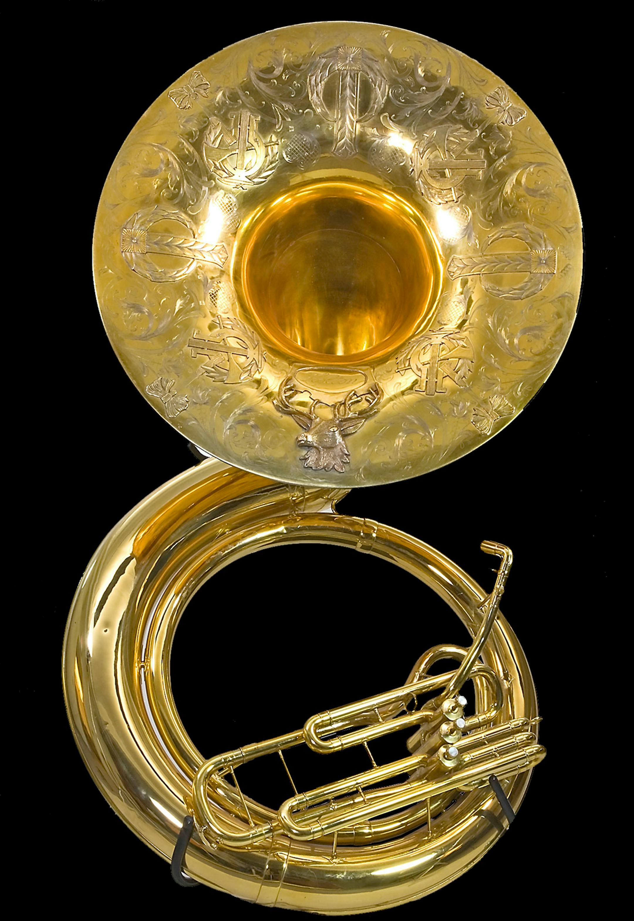 This elaborate sousaphone took four months to engrave. It was created in 1926 by Frank Holton & Co. of Elkhorn, Wisc.