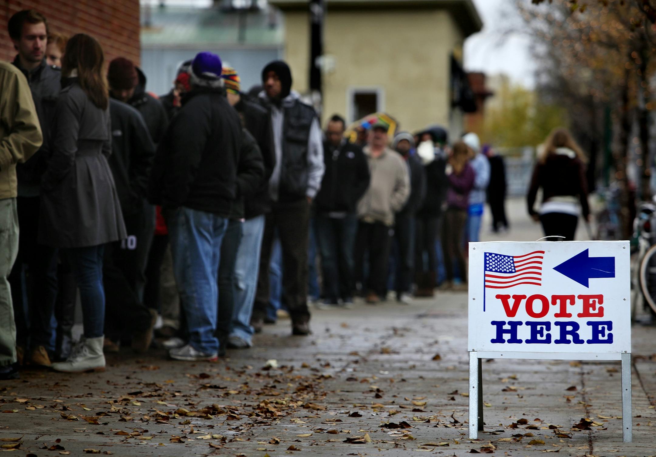 A voting line at the VFW at 2916 Lyndale Avenue South in the Uptown neighborhood of Minneapolis circled around the block as people waited to vote.