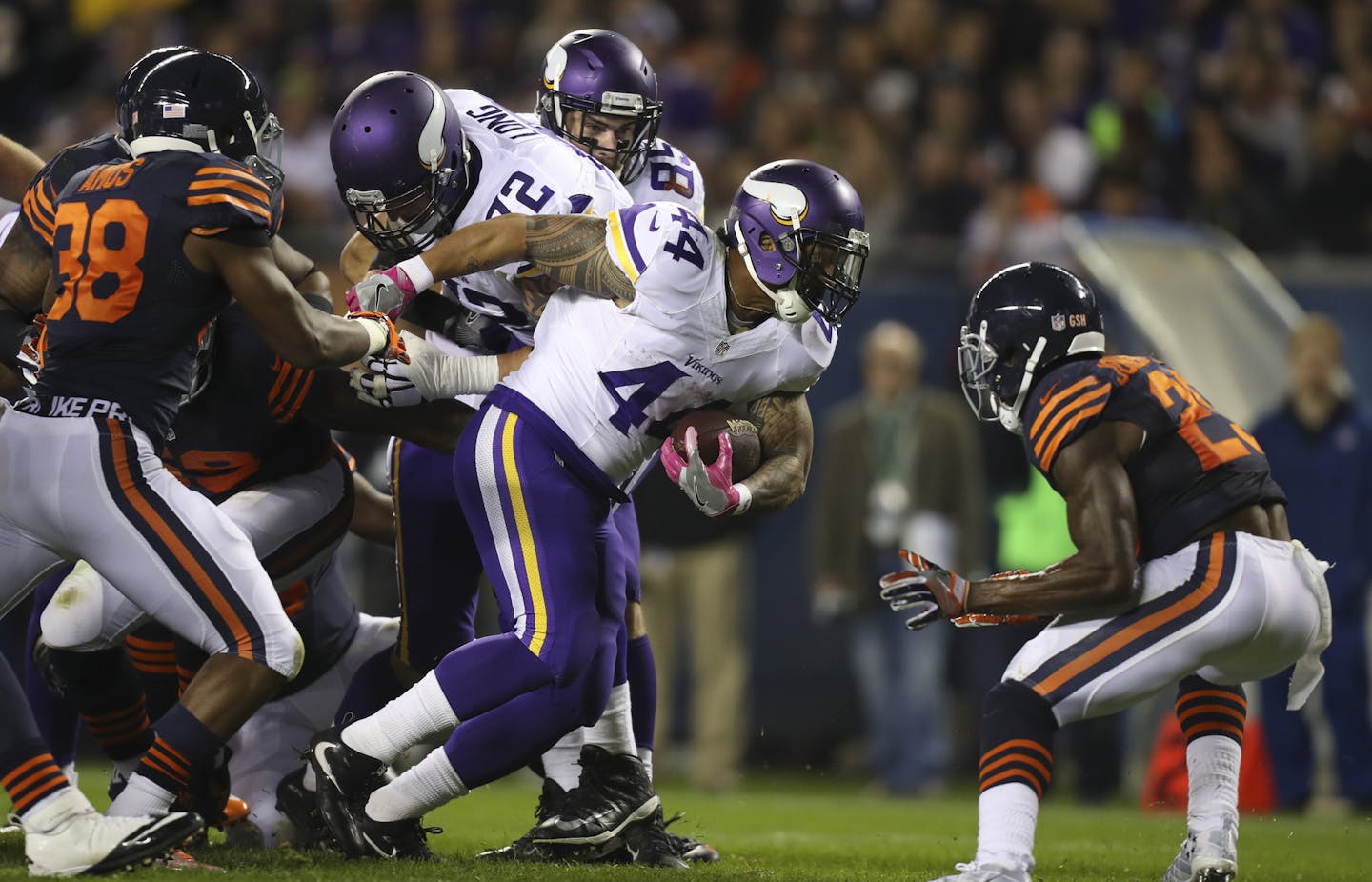 Vikings running back Matt Asiata (44) busted through the line for a seven yard gain that brought the ball to the Chicago four yard line late in the second quarter. ] JEFF WHEELER &#xef; jeff.wheeler@startribune.com The Minnesota Vikings faced the Chicago Bears in an NFL Monday Night Football game at Soldier Field in Chicago on October 31, 2016.