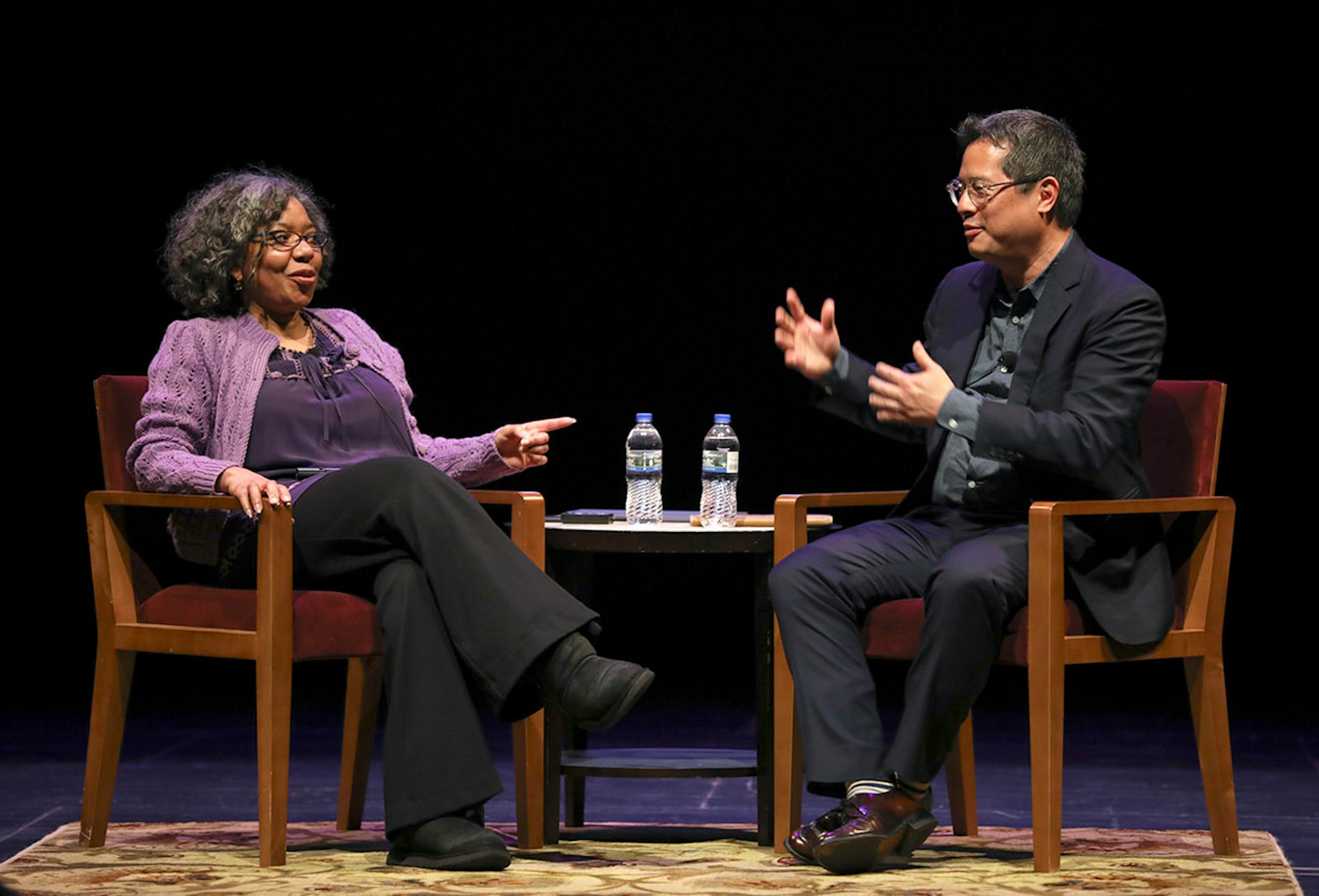 Daphne Brooks and Jeff Chang discussing Prince's legacy Monday evening at Northrop Auditorium.