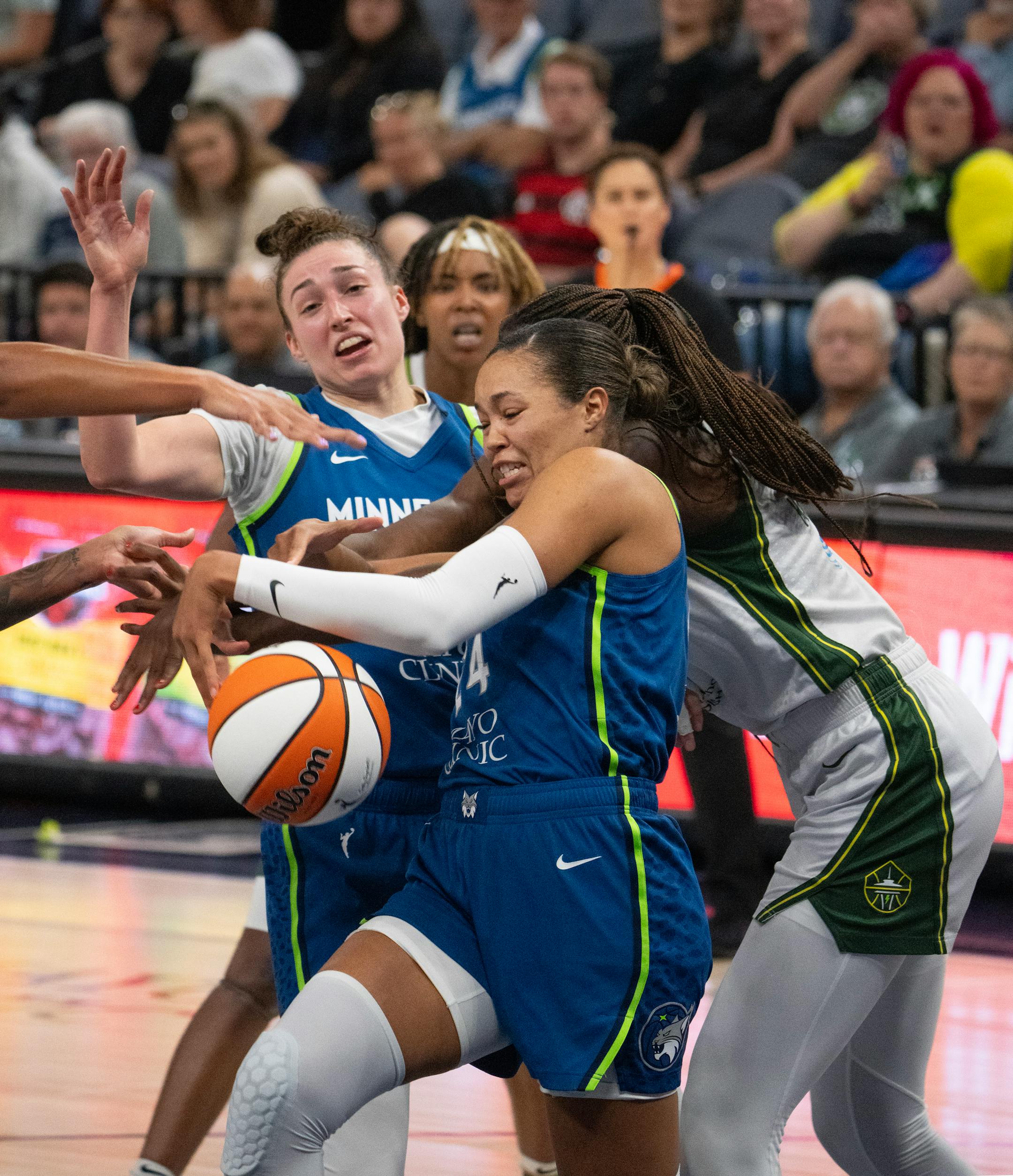 Minnesota Lynx forward Napheesa Collier and Seattle Storm center Ezi Magbegor fought for a rebound in the second quarter.