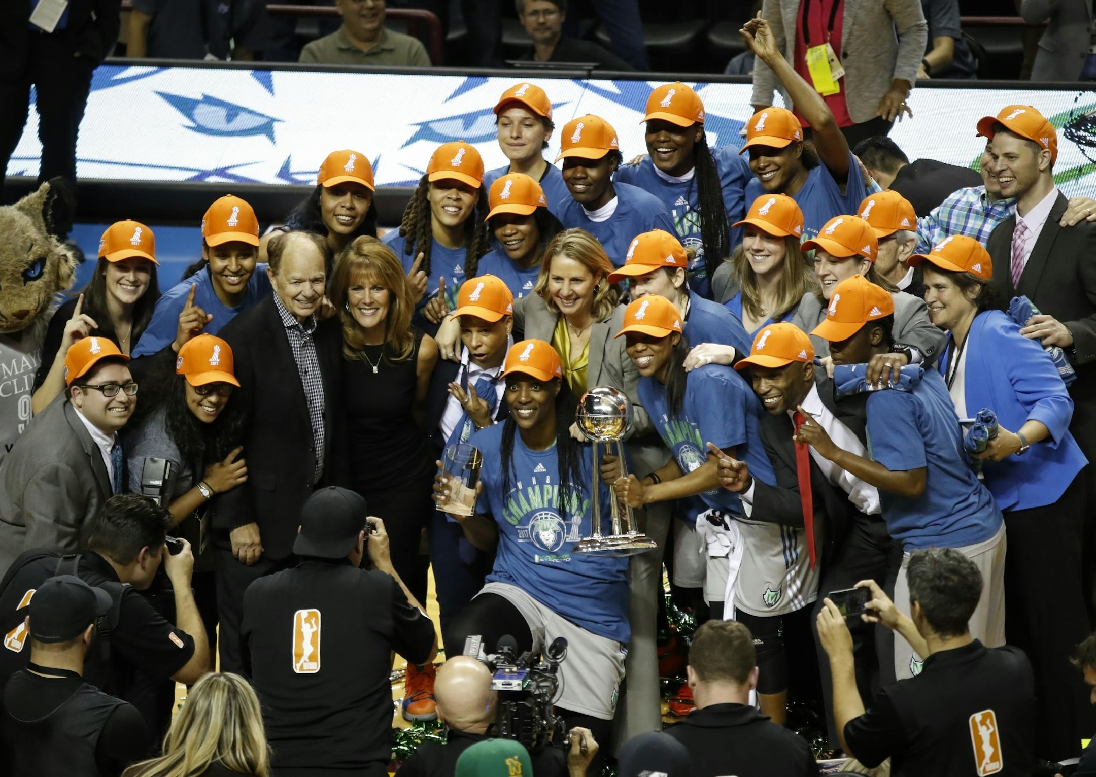 The Lynx pose with the trophy for pictures as they celebrated their WNBA finals win against the L.A. Sparks at Williams Arena on Wednesday, October 4, 2017 in Minneapolis, Minn.