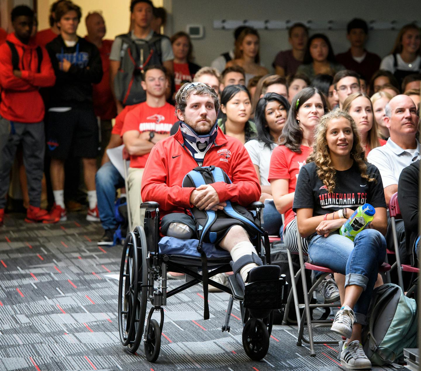 Soccer coach Bryan Duffey was severely injured in the explosion at the old school. He returned for the student assembly. ] GLEN STUBBE &#xa5; glen.stubbe@startribune.com Tuesday September 5, 2017 First day of school for high school students at Minnehaha Academy in temporary classrooms in Mendota Heights. "Minnehaha Academy held a building dedication service and ribbon cutting ceremony to officially open the doors of its temporary Mendota Campus to Upper School students for the 2017-2018 school y