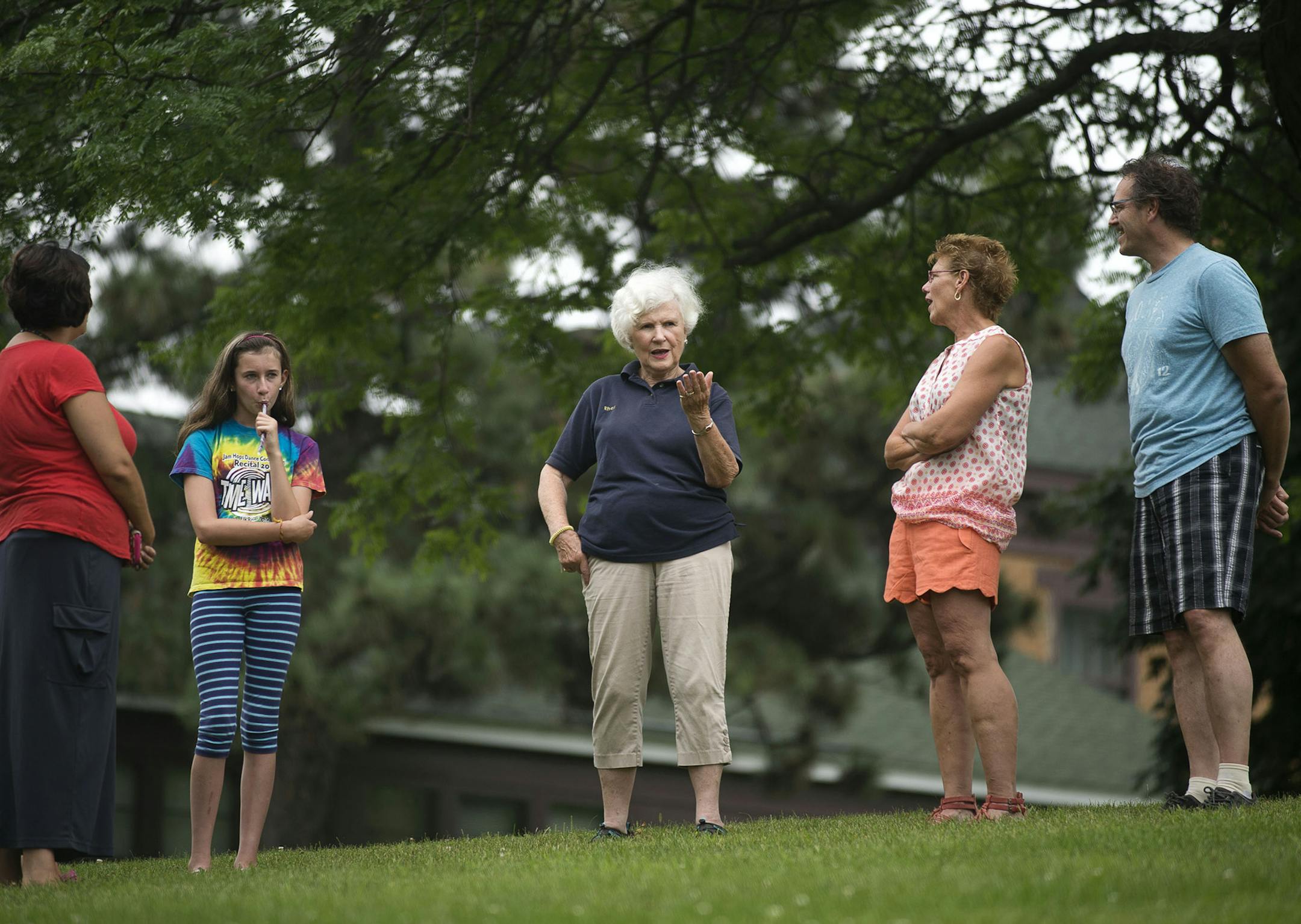 From left, Alyssa Morris and her daughter Hannah Morris, 11, both of Coon Rapids, stand with tour guide Rhea Nyquist, of St. Paul, as she explained information to the group, including Kim Huebner and Glenn Huebner, both of Burnsville, during the tour on the life and career of Henry Sibley, Minnesota's first governor, at the Sibley Historic Site, in Mendota Heights, Minn. on Saturday August 8, 2015. ] RACHEL WOOLF · rachel.woolf@startribune.com