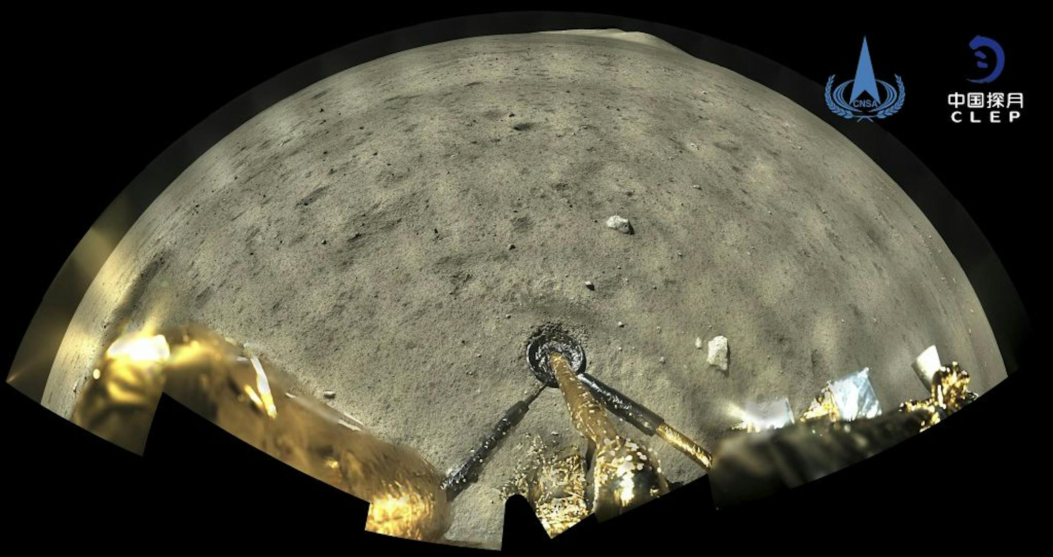 This image taken by panoramic camera aboard the lander-ascender combination of Chang'e-5 spacecraft provided by China National Space Administration shows a moon surface after it landed on the moon on Wednesday, Dec. 2, 2020. Chinese government say the spacecraft landed on the moon on Tuesday to bring back lunar rocks to Earth for the first time since the 1970s.