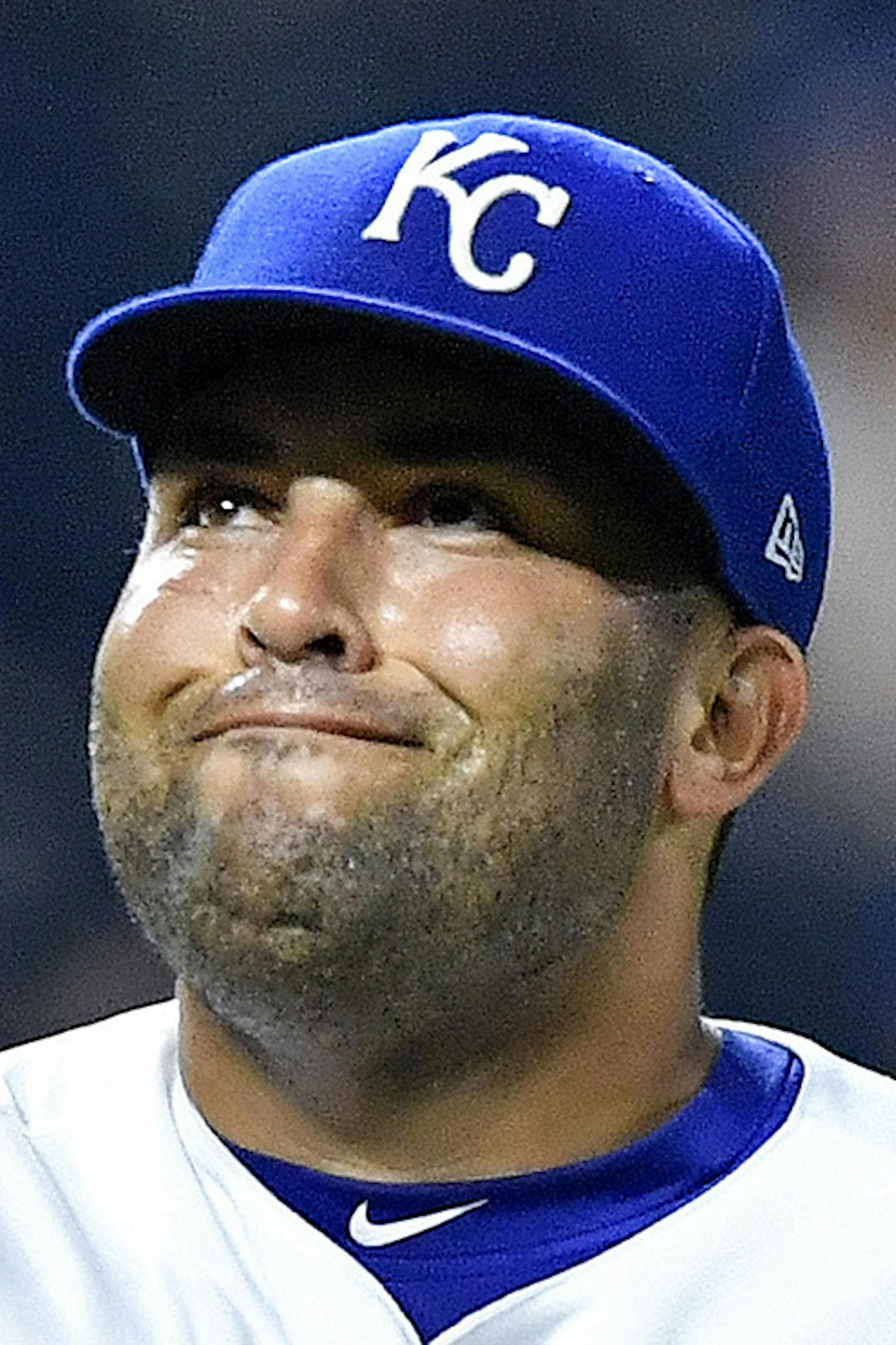 Kansas City Royals relief pitcher Kelvin Herrera pumps his chest after getting Minnesota Twins' Brian Dozier to hit a fly ball out to end the top of the ninth inning on Tuesday, May 29, 2018, at Kauffman Stadium in Kansas City, Mo. The Royals are trading Herrera to the Nationals for three prospects. (John Sleezer/Kansas City Star/TNS)