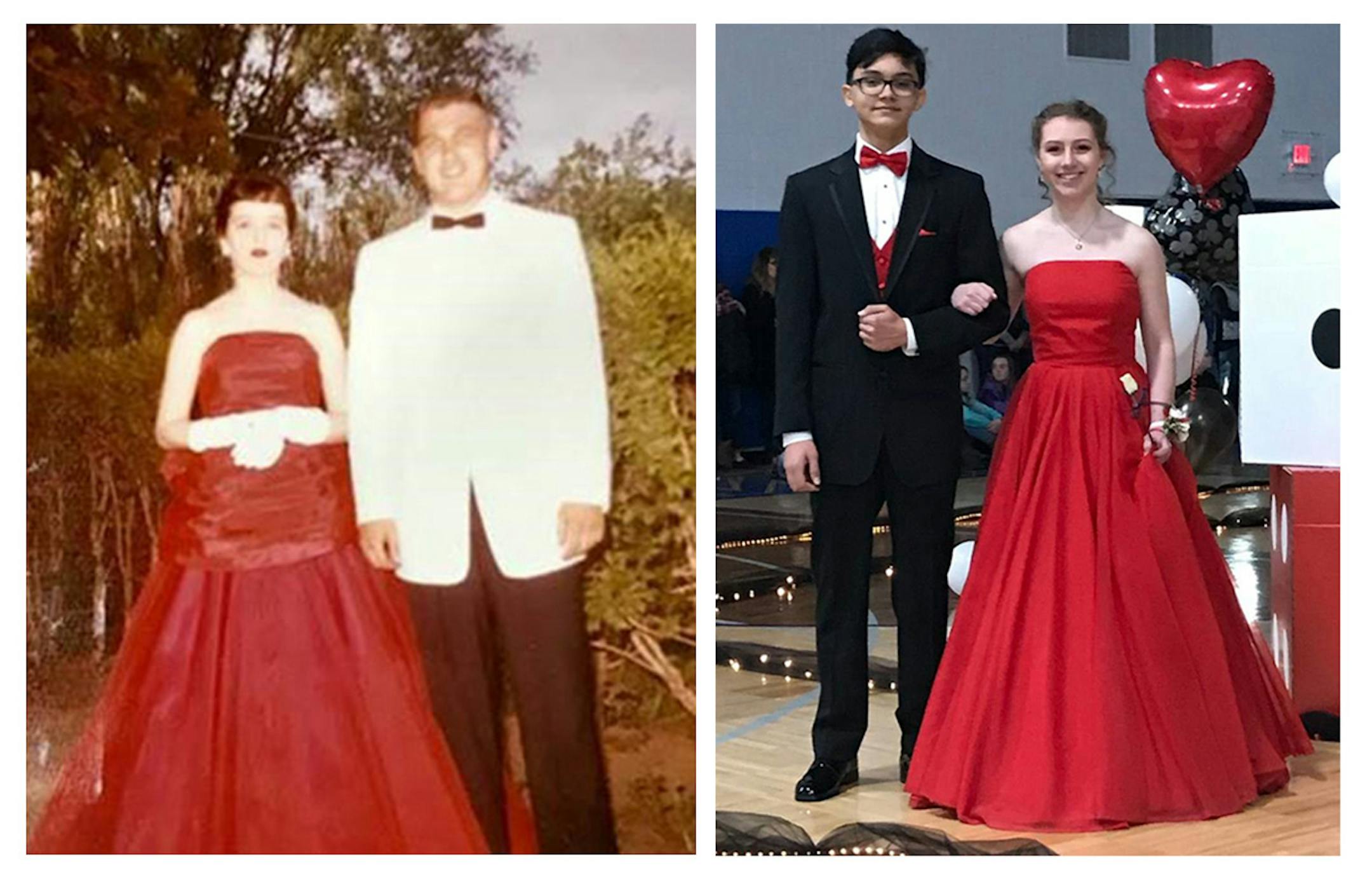 Judy Kinsey attended Albert Lea High School Senior Prom in 1958 wearing a red dress made by her mother. Sixty years later, her granddaughter Annie Buresh wore the same dress — no alterations needed — to her prom at Kasson-Mantorville High School.