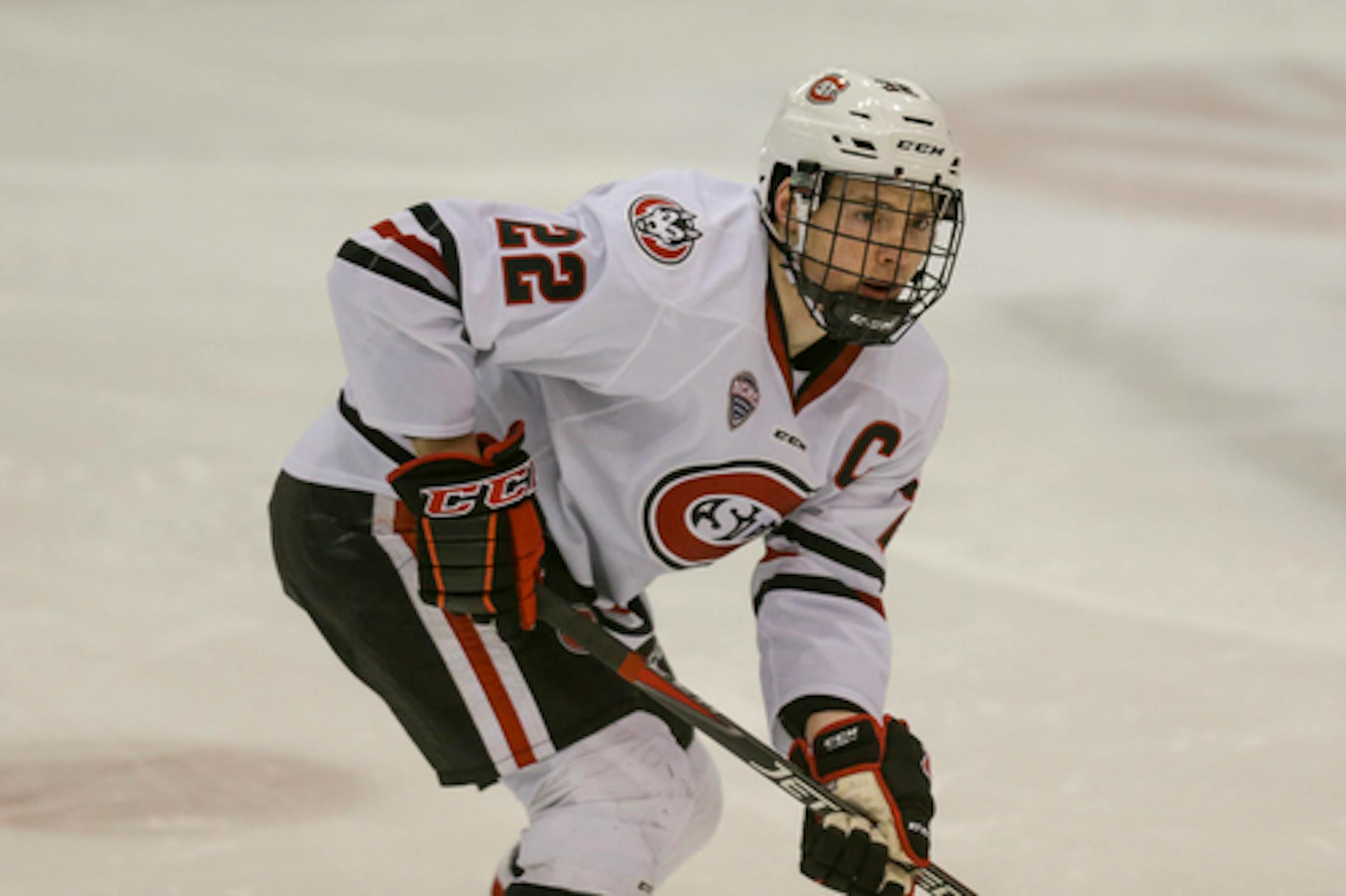 St. Cloud State's Jimmy Schuldt against Colorado College during an NCAA hockey game on Friday, Feb. 8, 2019 in St. Cloud, Minn. (AP Photo/Andy Clayton-King)