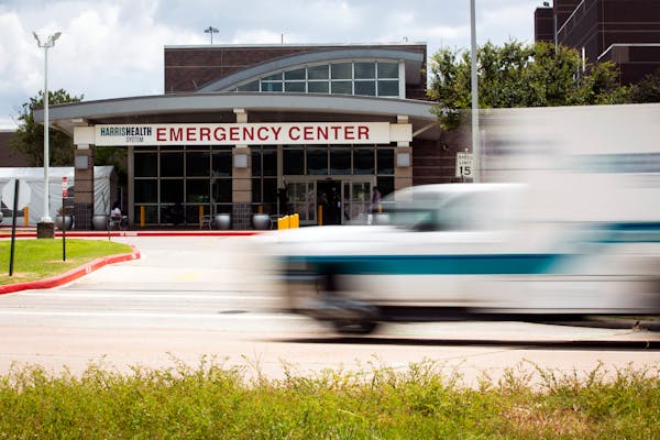 The emergency entrance to Lyndon B. Johnson Hospital in Houston on Aug. 11, 2021. A new law does not prevent ambulance companies from billing you dire