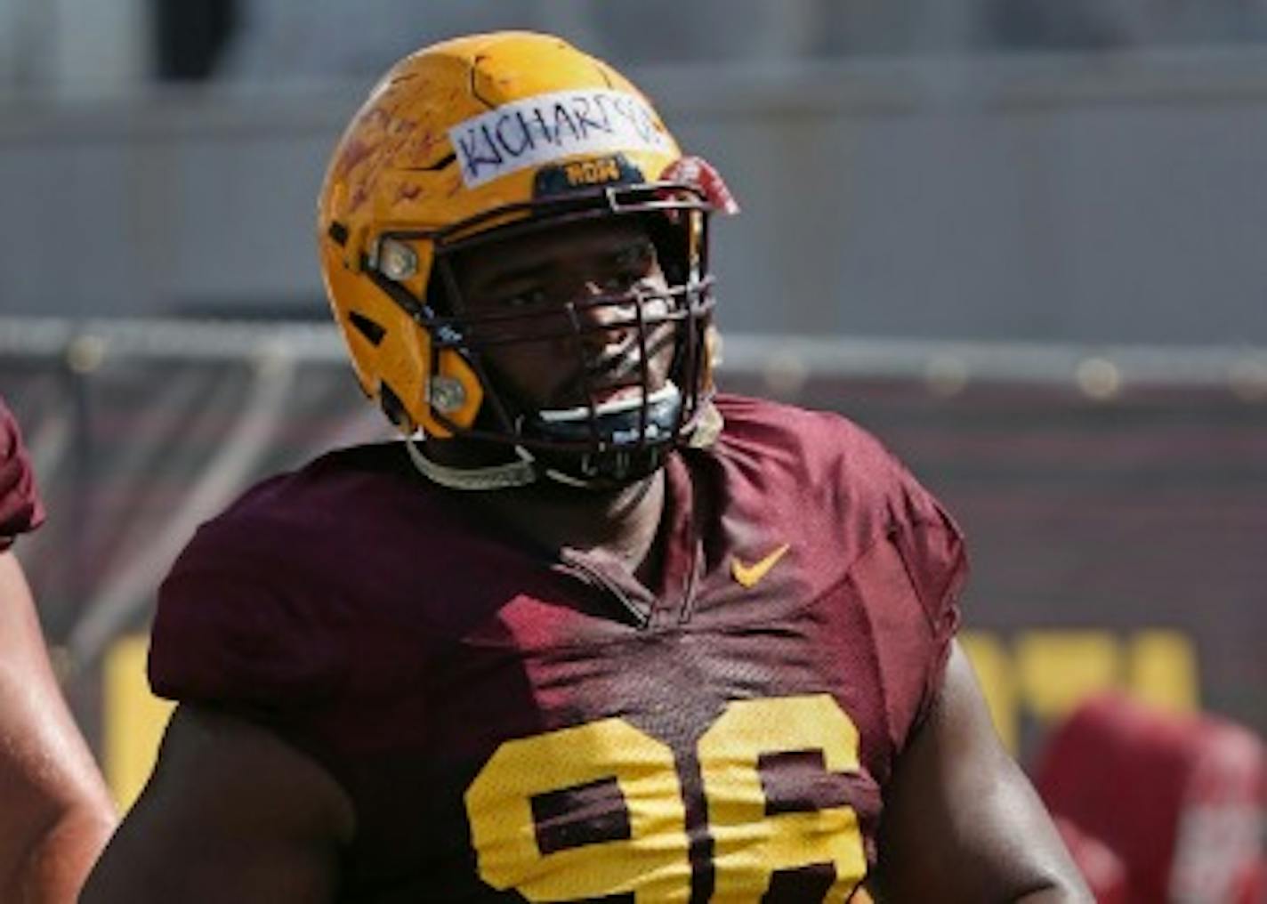 Defensive lineman Steven Richardson caught his breath between drills on Aug. 11.