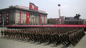 FILE - In this April 15, 2017, file photo, soldiers march across Kim Il Sung Square during a military parade in Pyongyang, North Korea. North Korea is