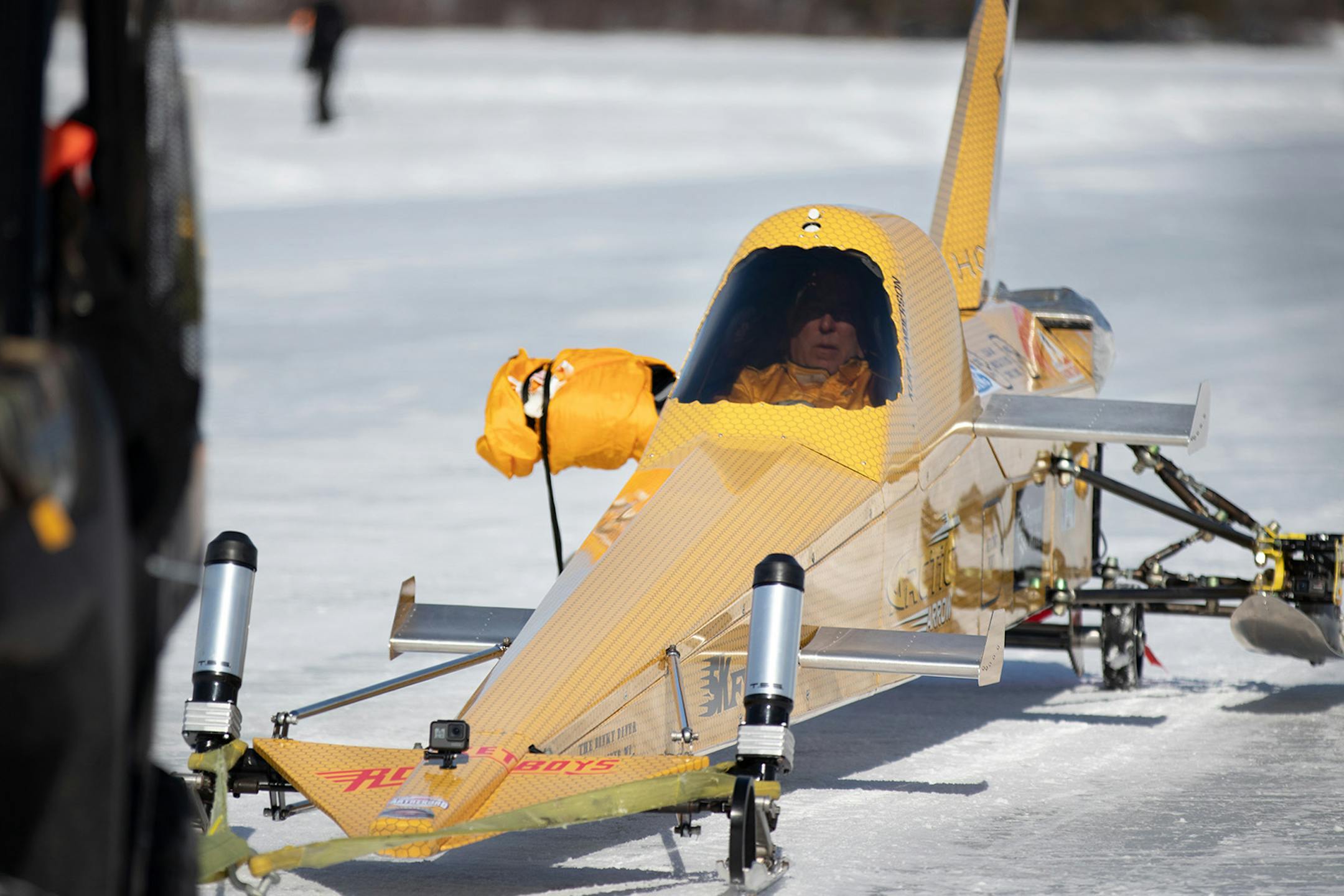 Kurt Anderson and the Arctic Arrow are towed back after the first run on Sunday, Feb. 16, 2020 on Bear Lake in Manawa, WI. This first speed trial did not beat the world record.
