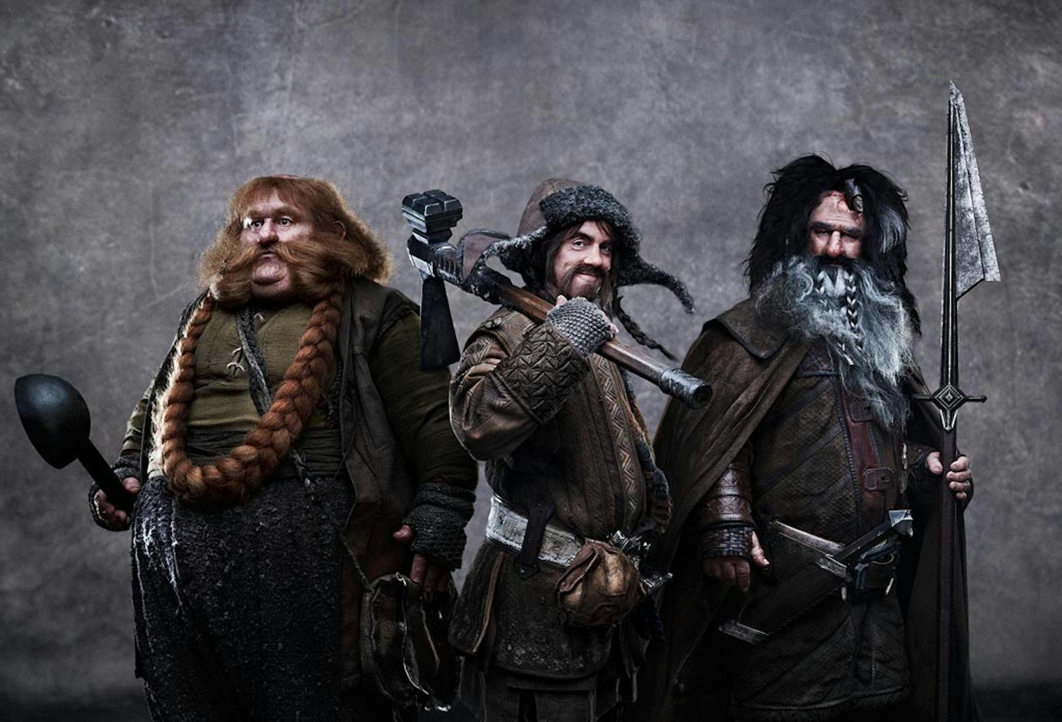 Among the characters in "The Hobbit: An Unexpected Journey" are, from left, Bombur (Stephen Hunter), Bofur (James Nesbitt) and Bifur (William Kircher).