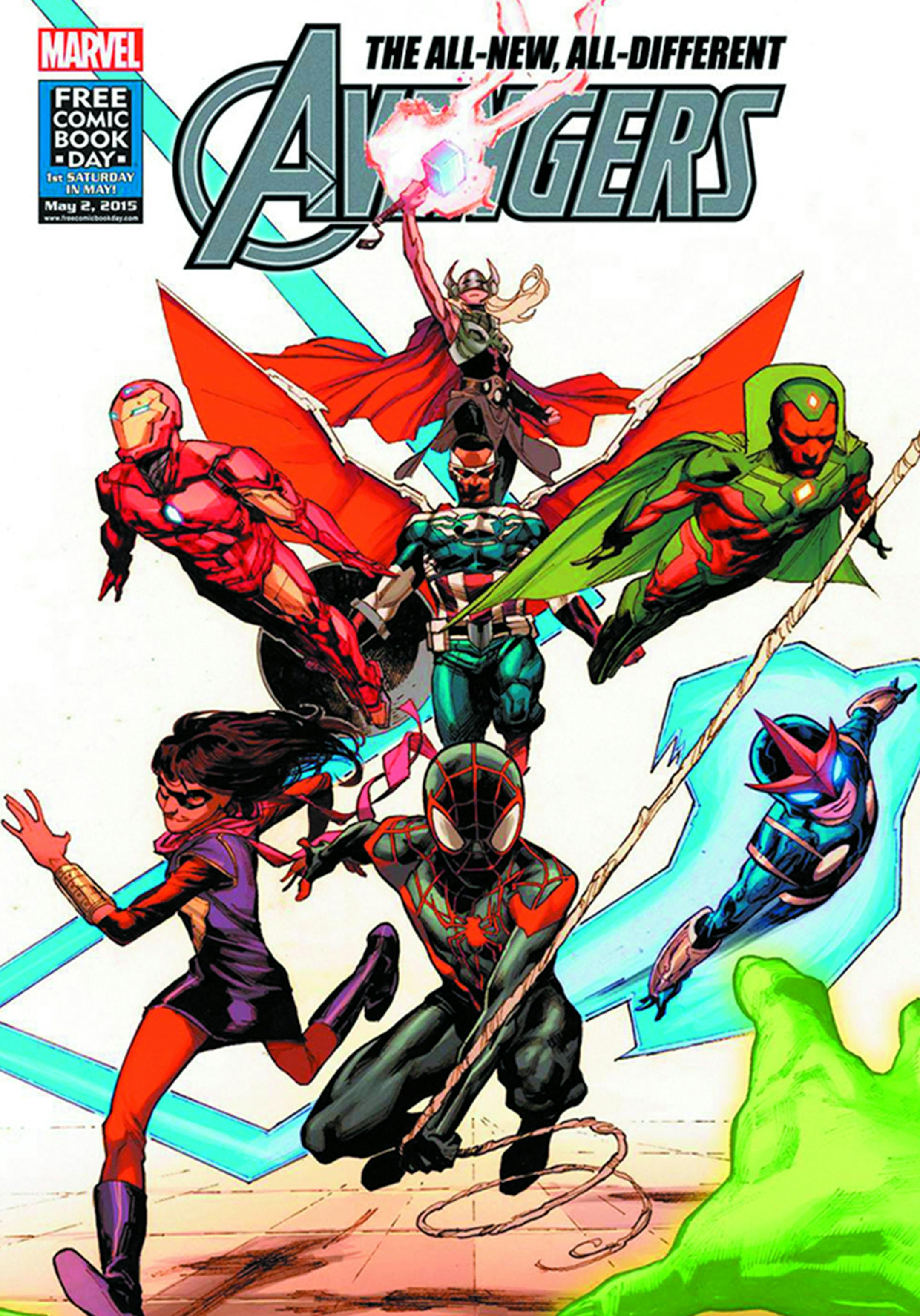 The "All-New, All-Different Avengers" from Marvel introduces three new teenage members: Ms. Marvel, bottom row, from left, Miles Morales (Spider-Man from a parallel world) and the new Nova. (Photo courtesy Marvel Entertainment/TNS) ORG XMIT: 1166978