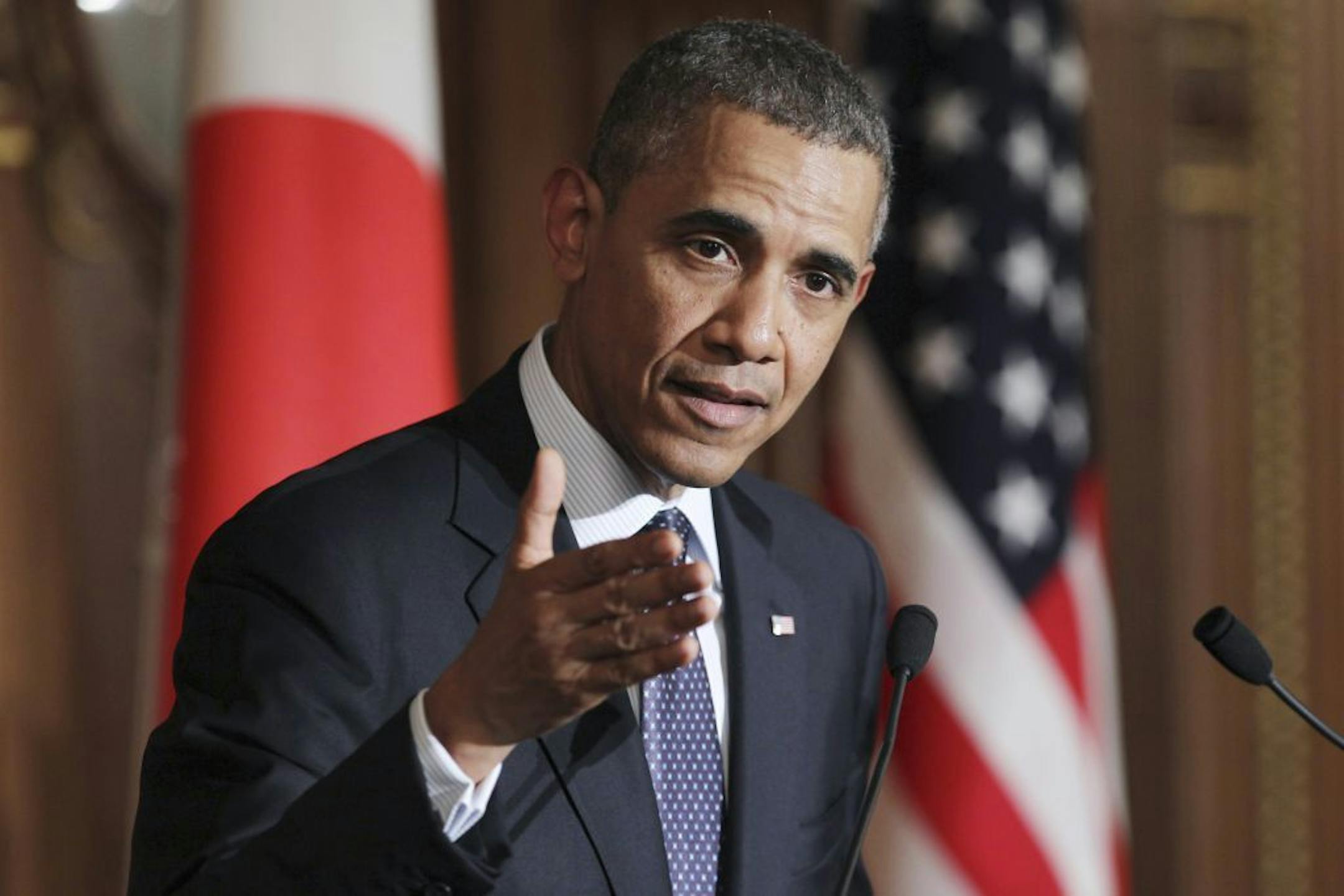 President Barack Obama attends a joint press conference with Japanese Prime Minister Shinzo Abe at the Akasaka State Guest House in Tokyo, Thursday, April 24, 2014.