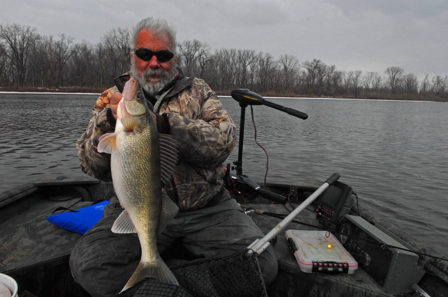 Dick "Griz'' Grzywinski of St. Paul with a 9-pound walleye hoisted from the Mississippi near Red Wing, where walleye fishing is open year round.