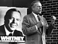 This 1982 photo shows Wheelock Whitney, Jr., speaking to a crowd in New Ulm, Minn. The Minnesota businessman and former Vikings co-owner has died. He 