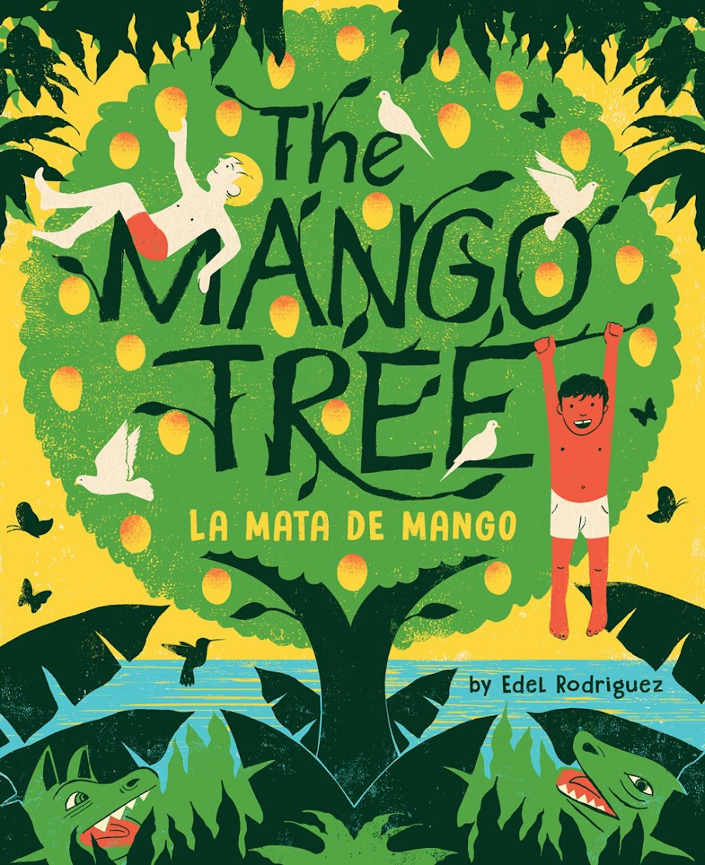 cover of "The Mango Tree" is an illustration of boys and birds playing in a tree