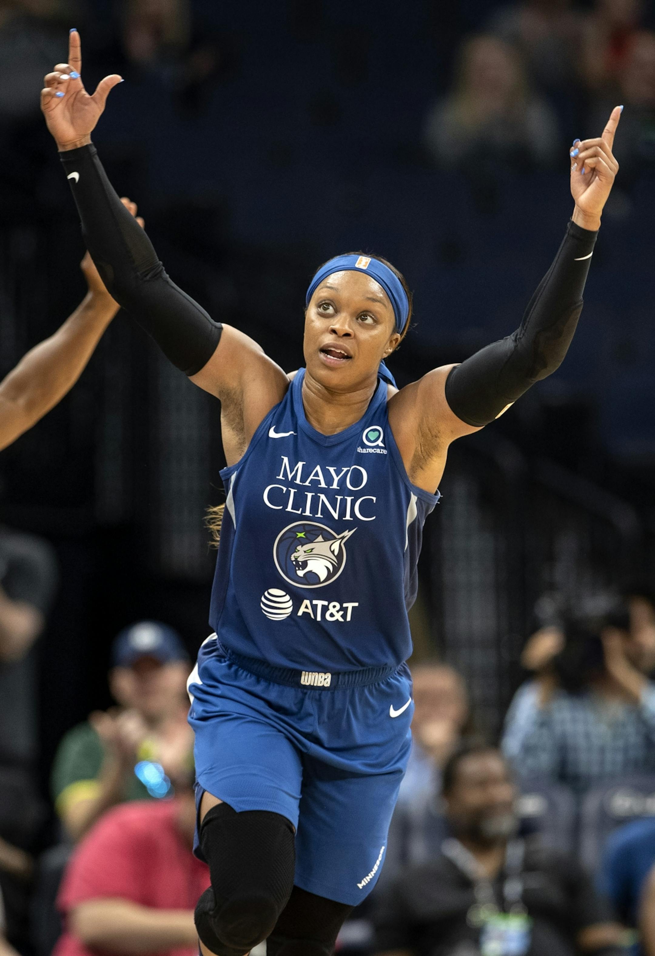Minnesota Lynx Odyssey Sims reacted after making a three pointer in the second half.