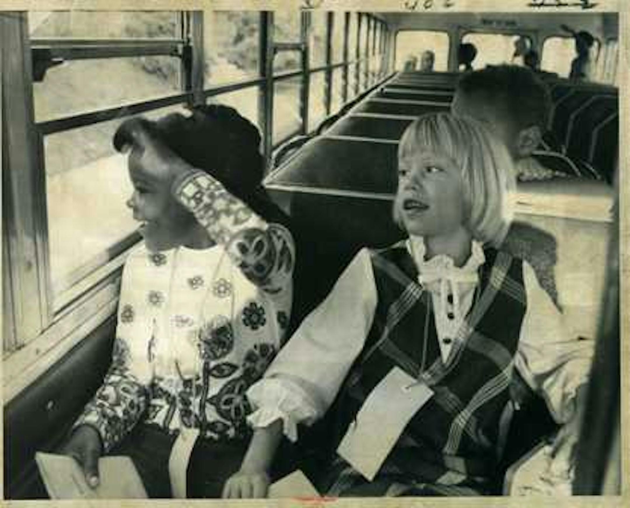 1971: Monica Lash and Molly Johnson were among first aboard the bus. Hale-Field busing starts with pickup of pupils at 49th St. and 3rd Av. S. (photo by Roy Swan)