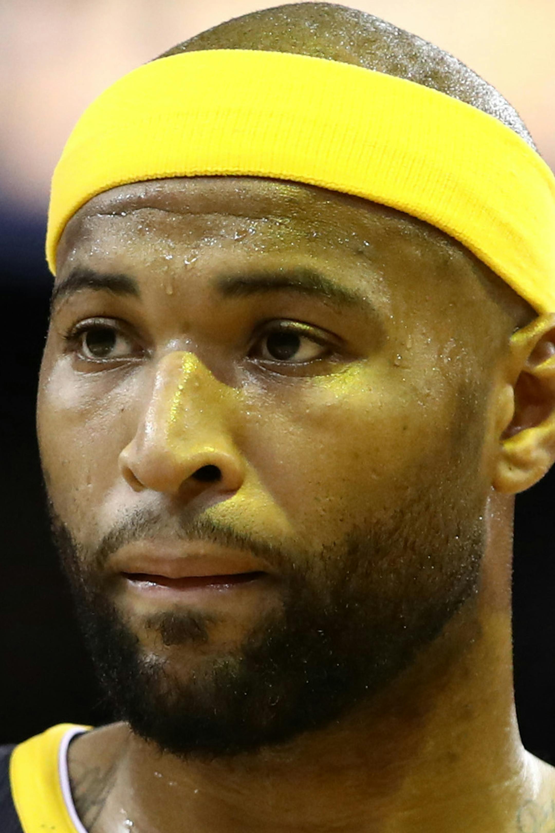 DeMarcus Cousins #0 of the Golden State Warriors reacts against the Toronto Raptors in the second half during Game Six of the 2019 NBA Finals at ORACLE Arena on June 13, 2019 in Oakland, Calif. (Ezra Shaw/Getty Images/TNS)